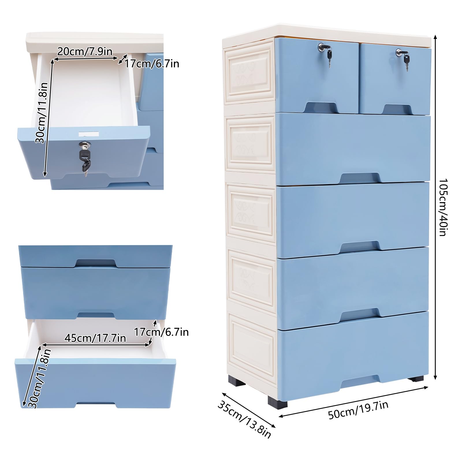TiryyDrela Cassettiera Plastica 6 Cassetti con ruote bianco blu