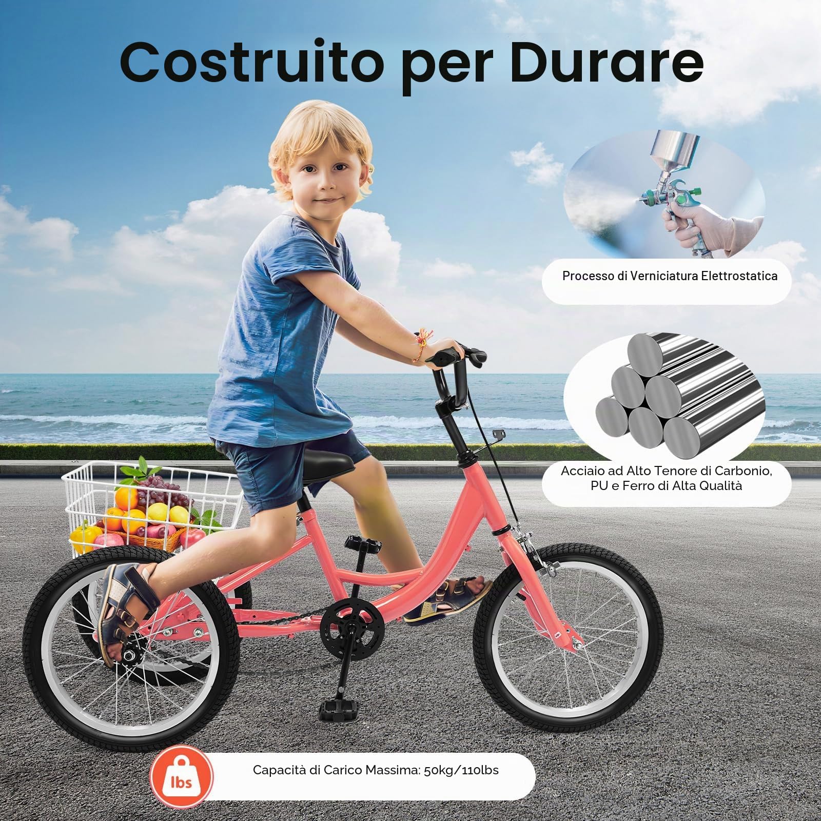 TiryyDrela Triciclo 16 Pollici 3 Ruote Arancione con Cestello 120 kg