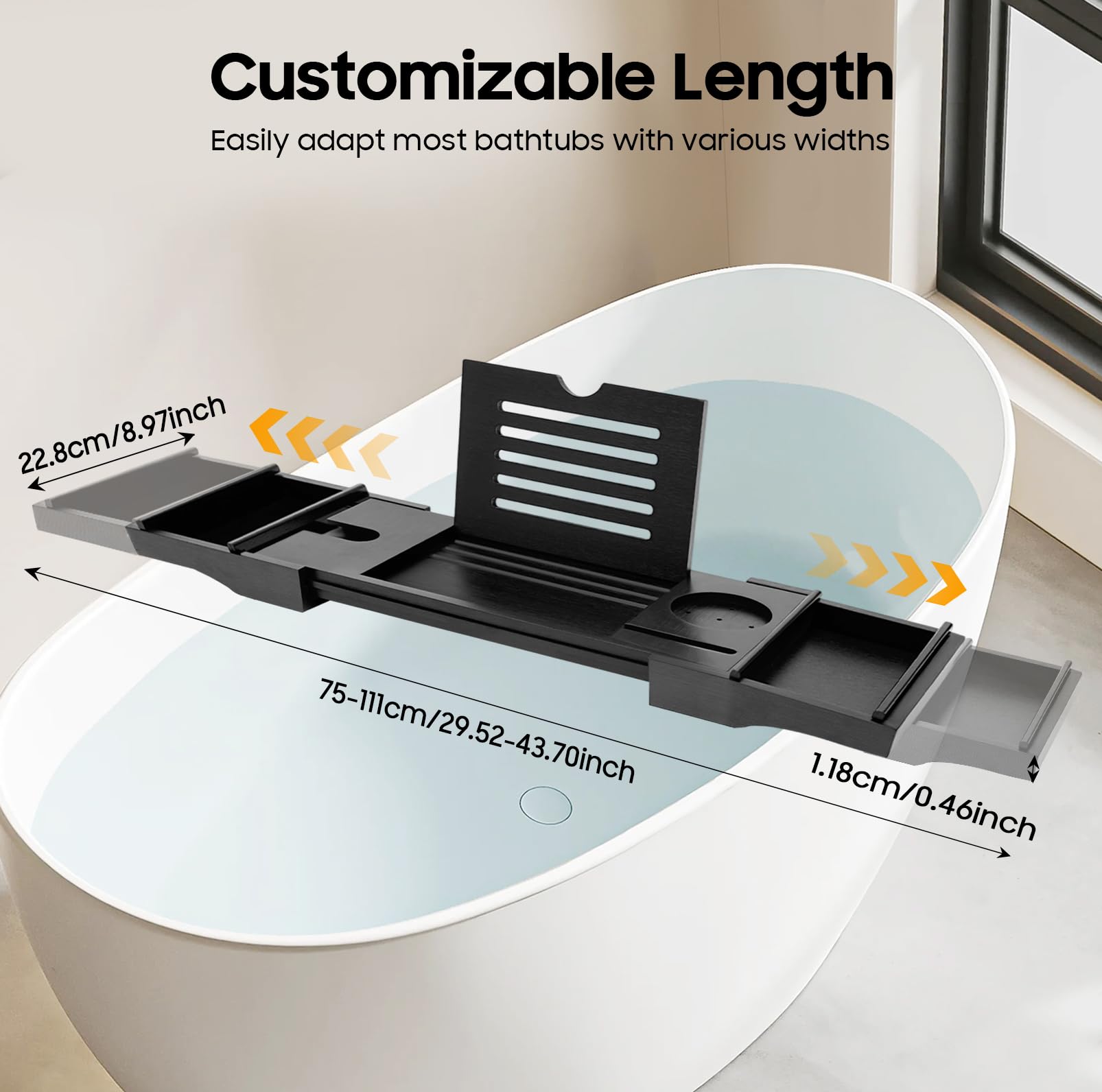TiryyDrela Vassoio Vasca da Bagno Bambù Nero 75-111 cm Estensibile