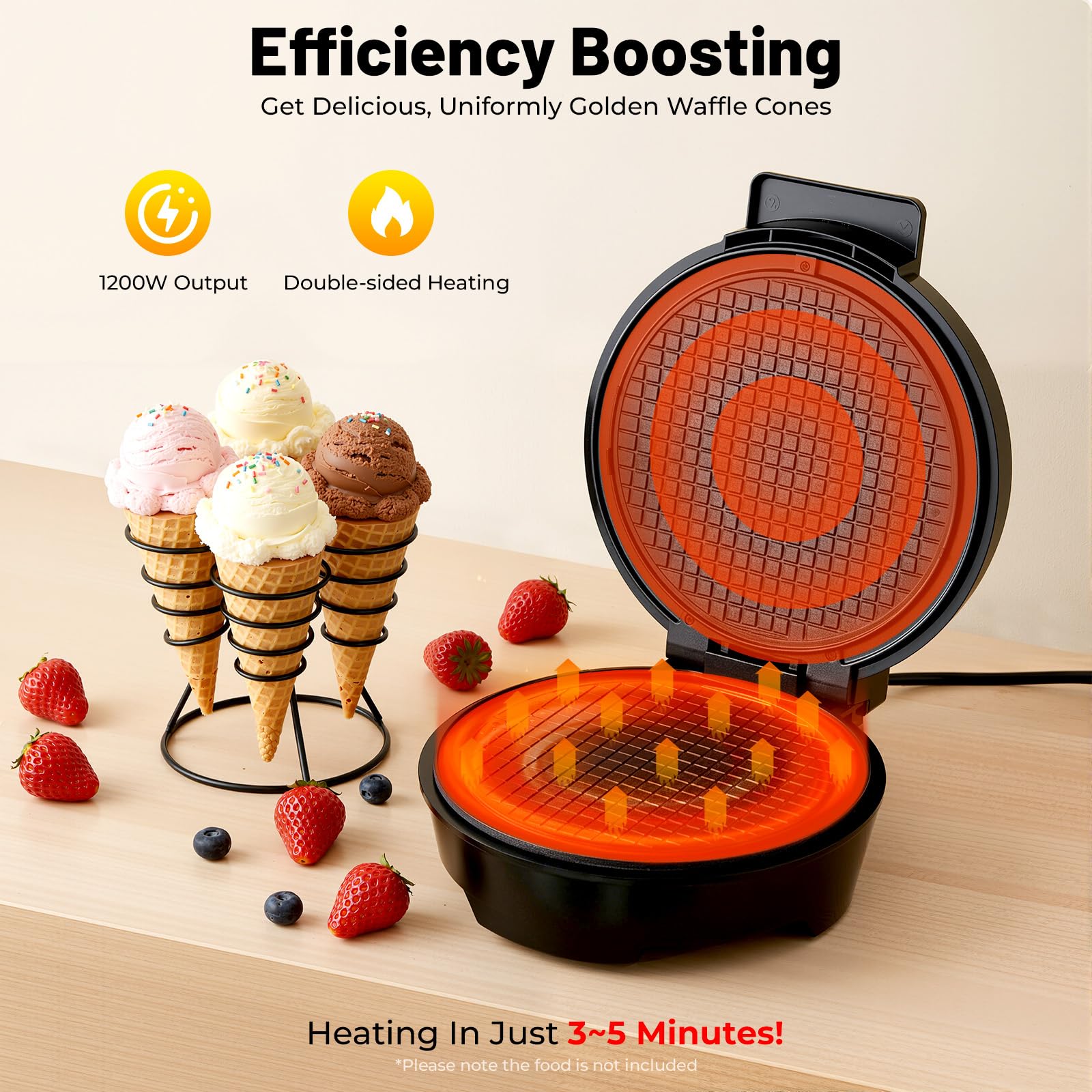 TiryyDrela piastra per waffle e coni 1200W 20 cm antiaderente