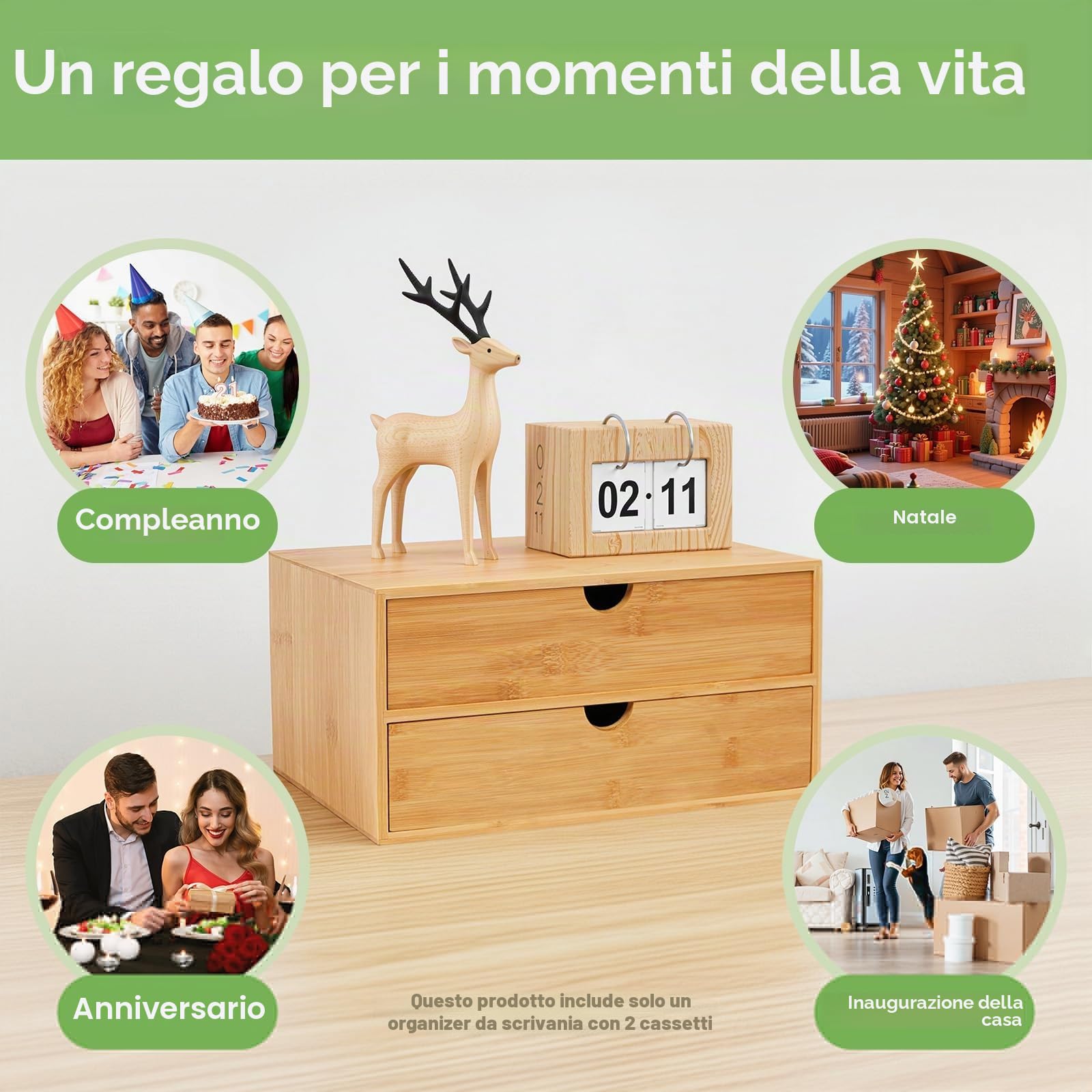 TiryyDrela Organizer Scrivania Bambù 2 Cassetti 33 cm