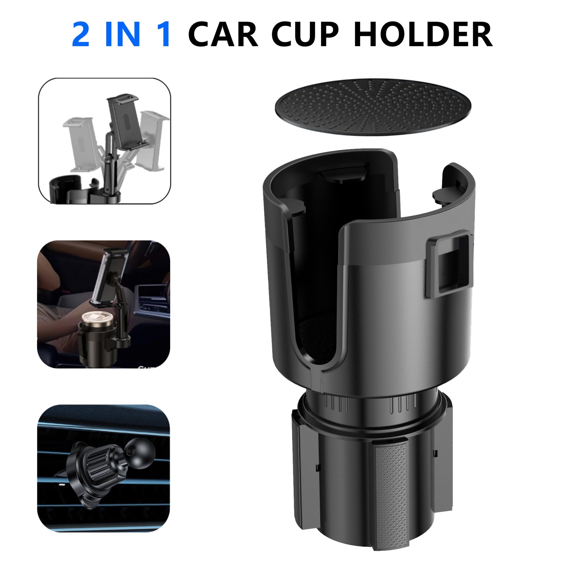 TiryyDrela portabicchieri auto 2 in 1 nero con supporto telefono