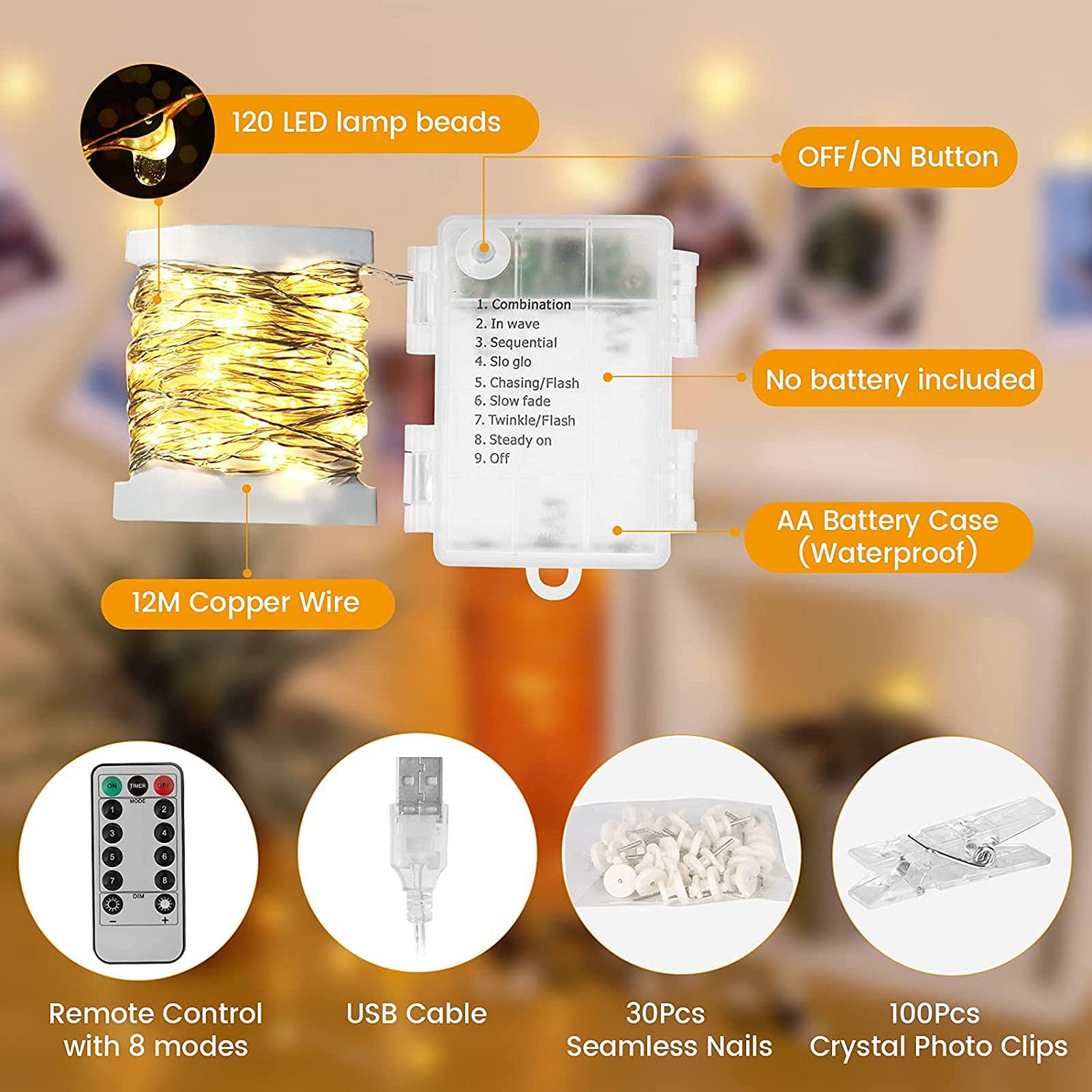 WOWDSGN Catena Luminosa Foto 12M 120 LED Bianco Caldo