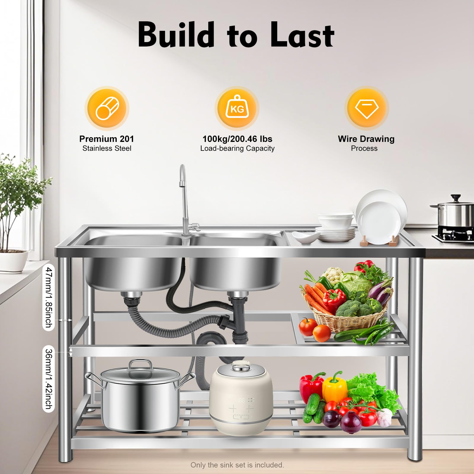 TiryyDrela Lavello Doppia Vasca Inox con Piano 45x80x120 cm