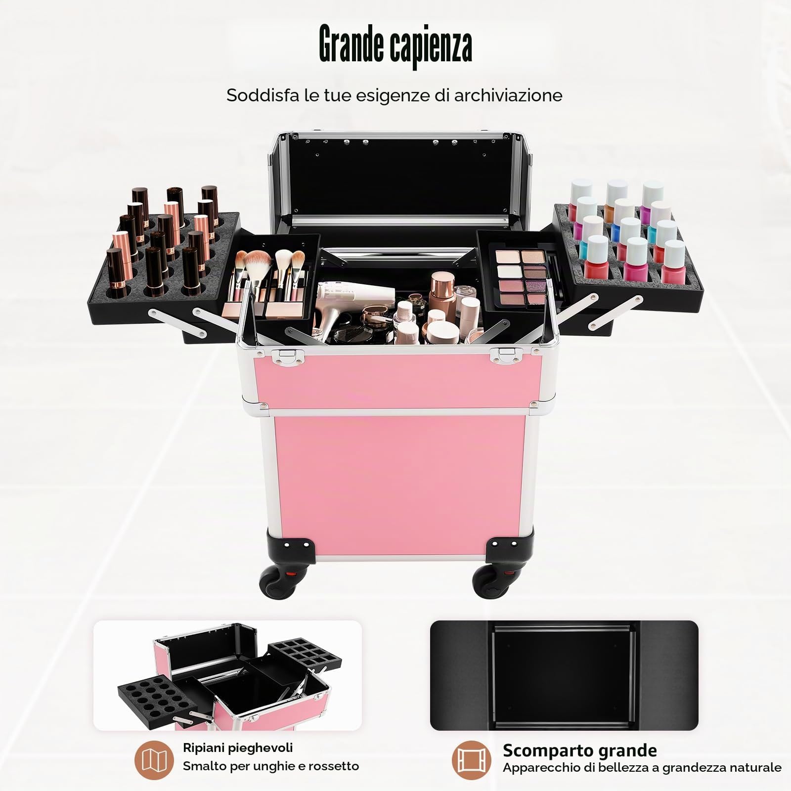 TiryyDrela Trolley trucco alluminio rosa grande capacità