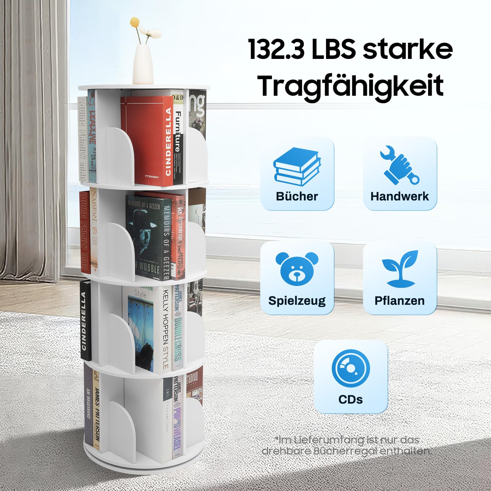 TiryyDrela libreria girevole 360 bianca 4 piani 39,5 cm