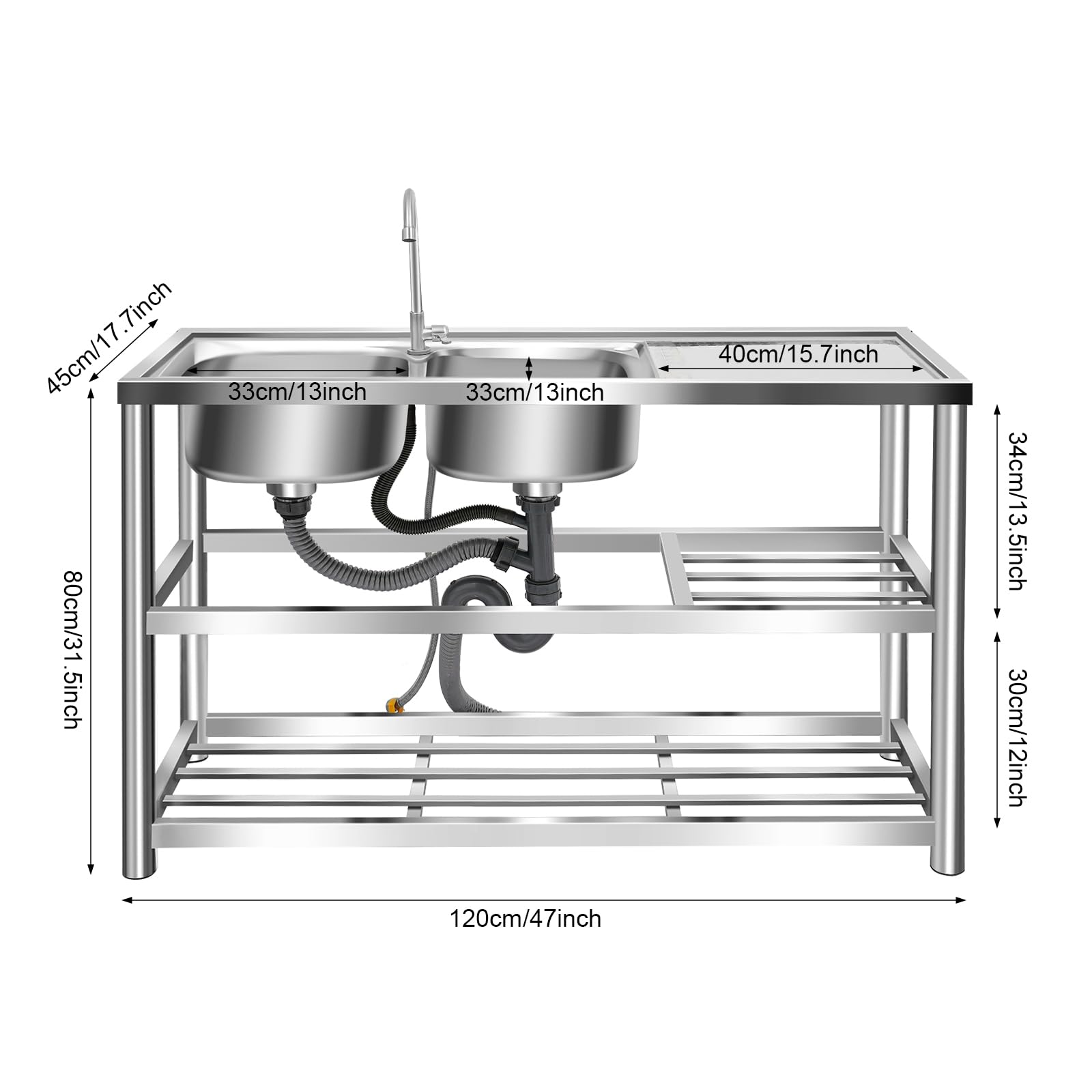 TiryyDrela Lavello Doppia Vasca Inox con Piano 45x80x120 cm