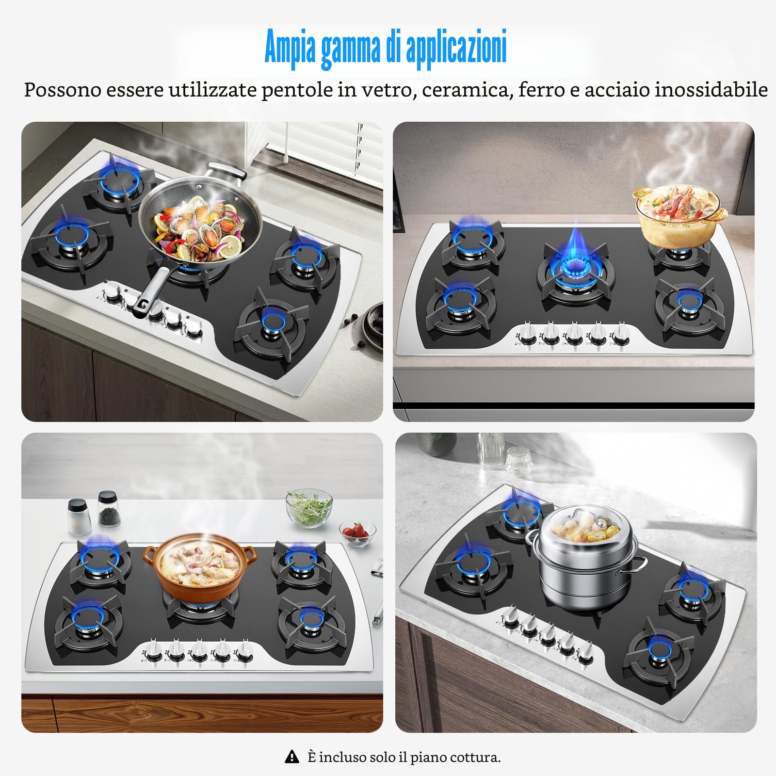 TiryyDrela Piano Cottura Gas 5 Fuochi Vetro Termocoppia