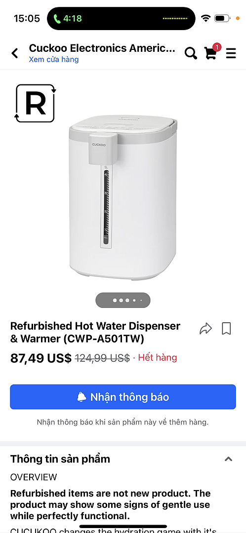 CUCKOO CWP-A501TW dispenser acqua calda 5 L acciaio