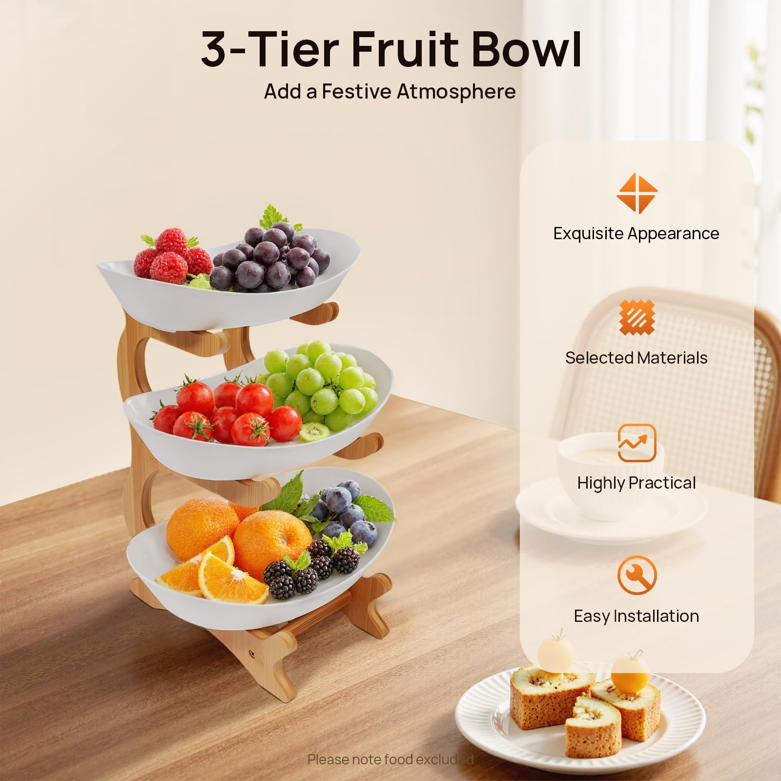 TiryyDrela portafrutta 3 piani in bambù bianco impilabile