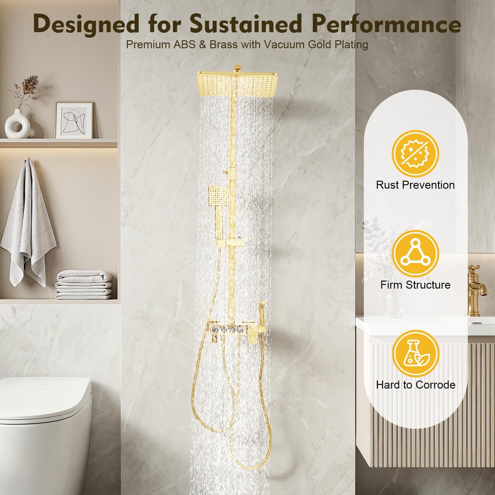 TiryyDrela Colonna Doccia Oro Soffione 31,5 cm Altezza 80-120 cm