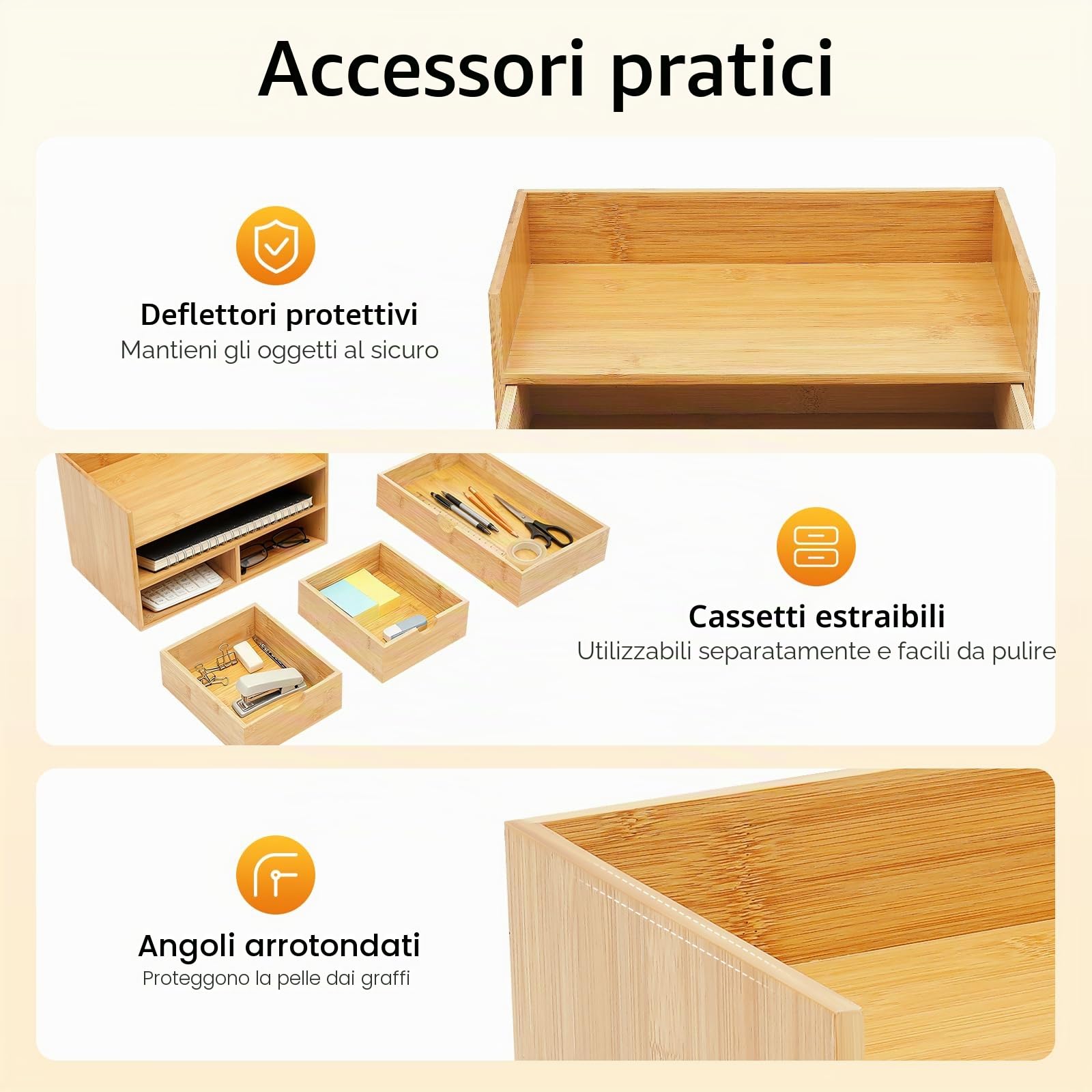 TiryyDrela organizer scrivania bambù 3 cassetti naturale