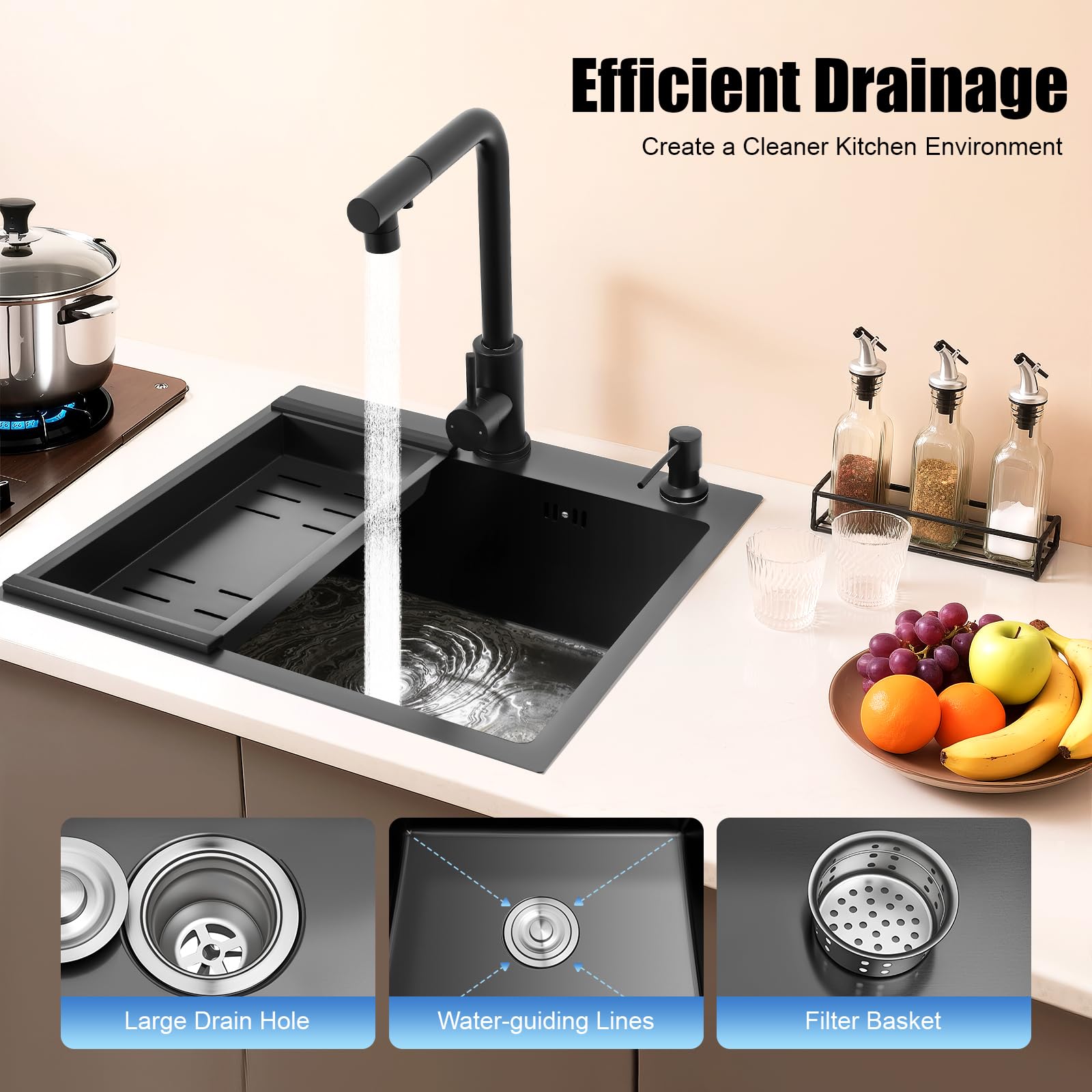 TiryyDrela Lavello Cucina 60 cm Nero Acciaio Inox con Rubinetto