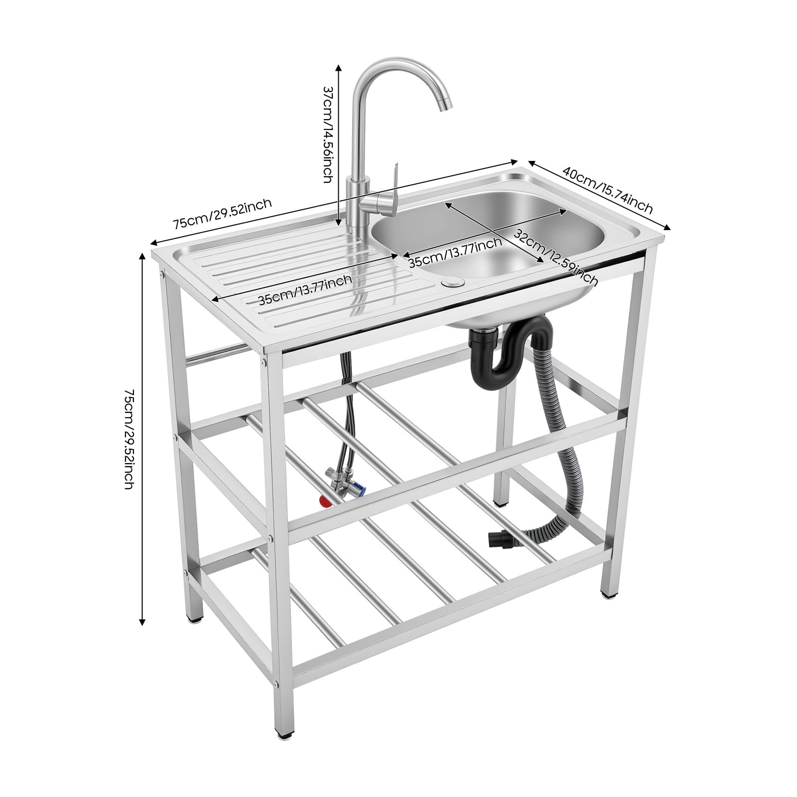 TiryyDrela lavello cucina inox con rubinetto 35x32 cm 2 ripiani