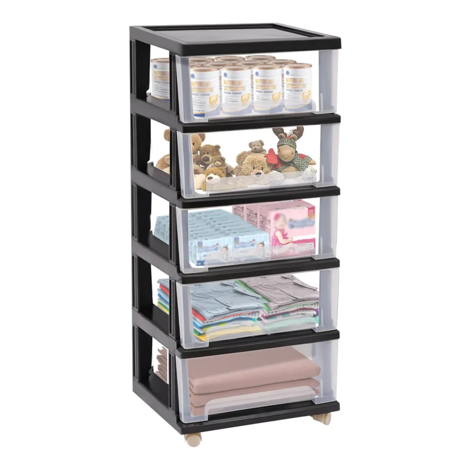 TiryyDrela Torre 5 Cassetti PP Nero 40x33x98 cm con Ruote