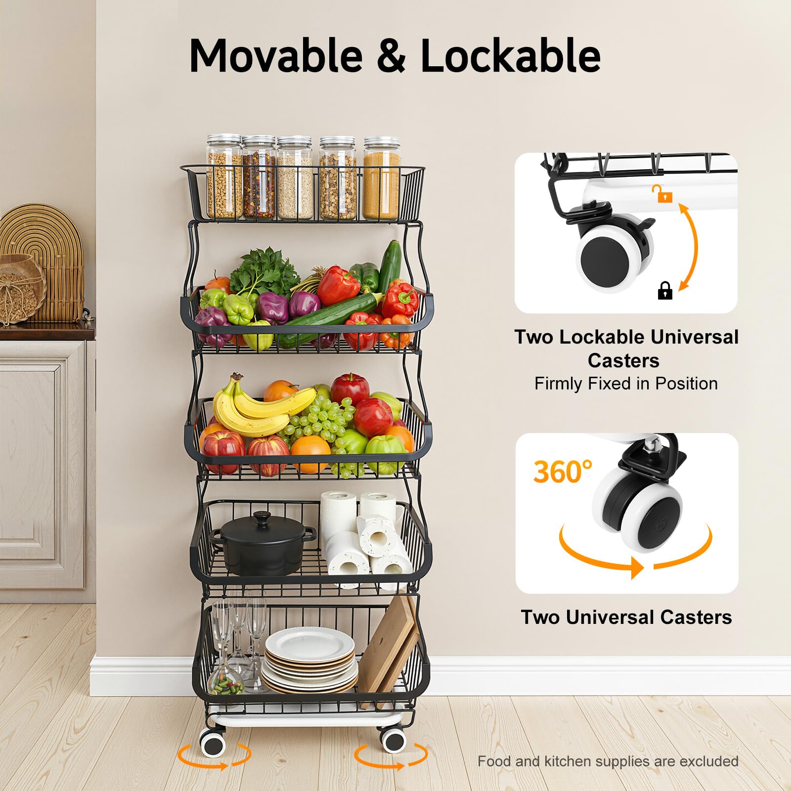 TiryyDrela Carrello Frutta e Verdura 5 Ripiani con Ruote Nero