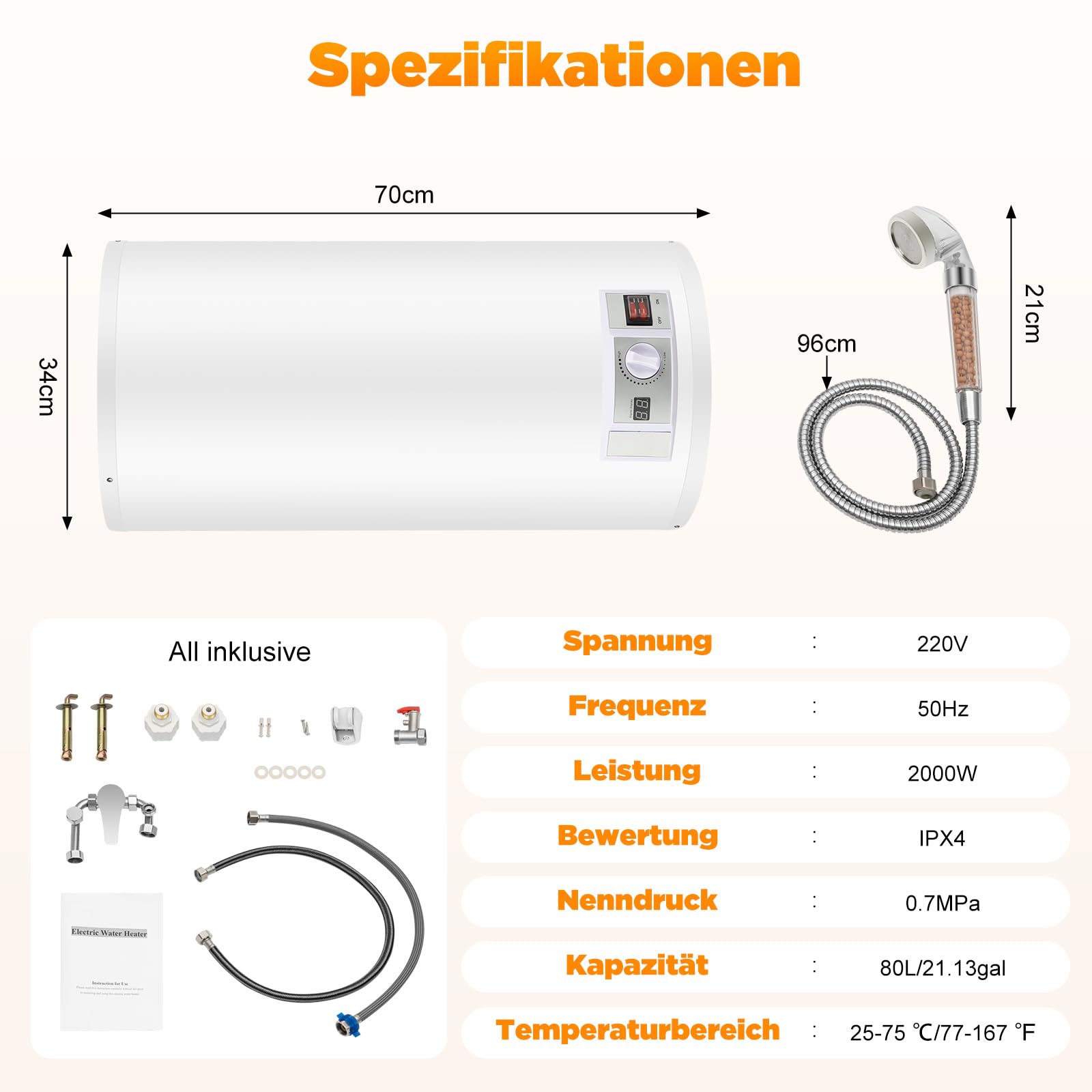 TiryyDrela Scaldabagno Elettrico 80 L 2000 W Verticale Inox