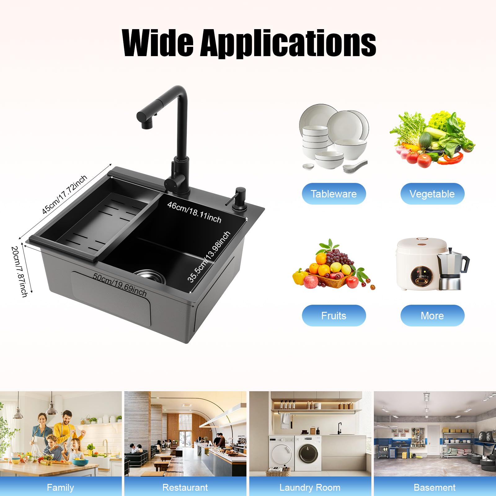 TiryyDrela Lavello Cucina 60 cm Nero Acciaio Inox con Rubinetto