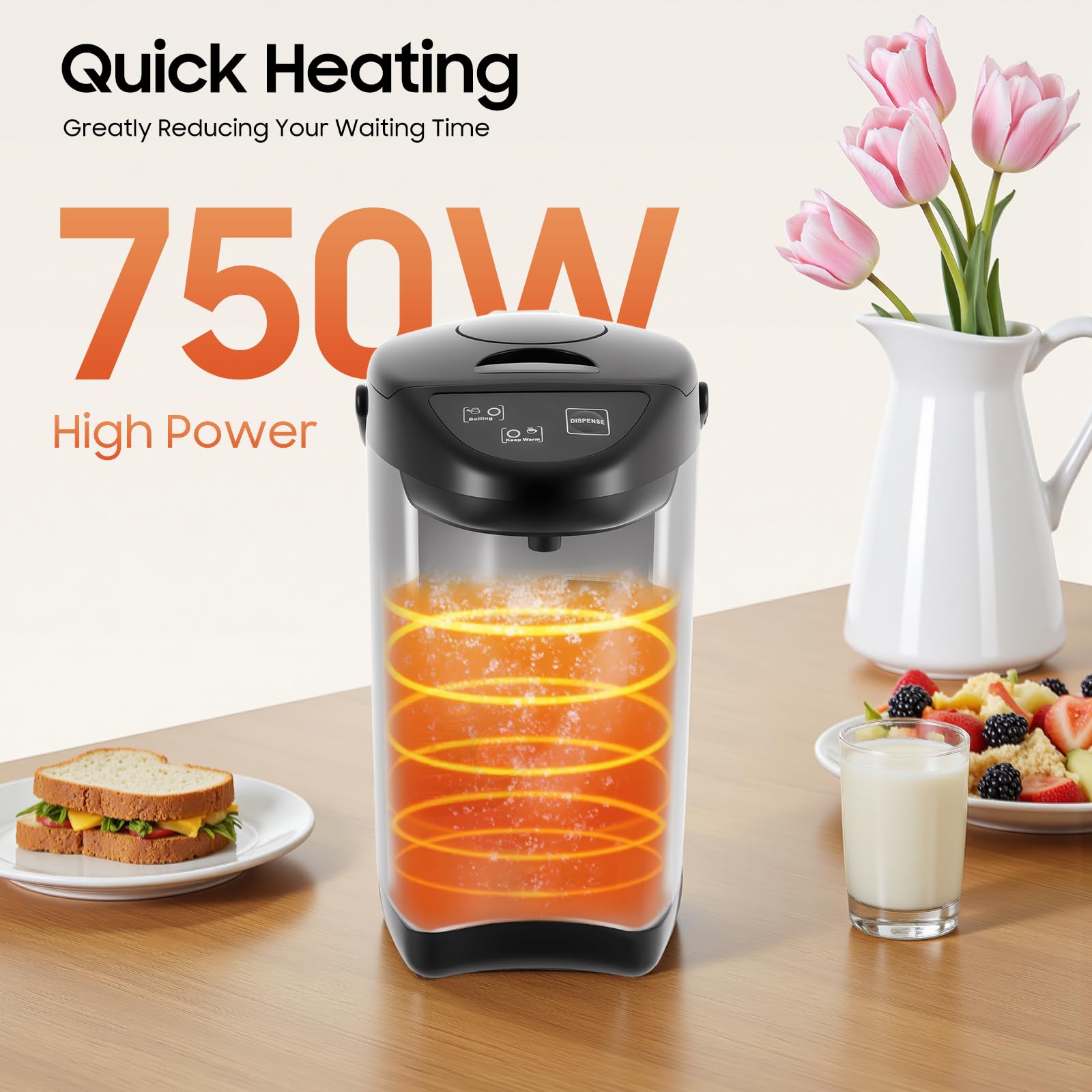 TiryyDrela Bollitore Elettrico 4L Termico 750W Mantenimento