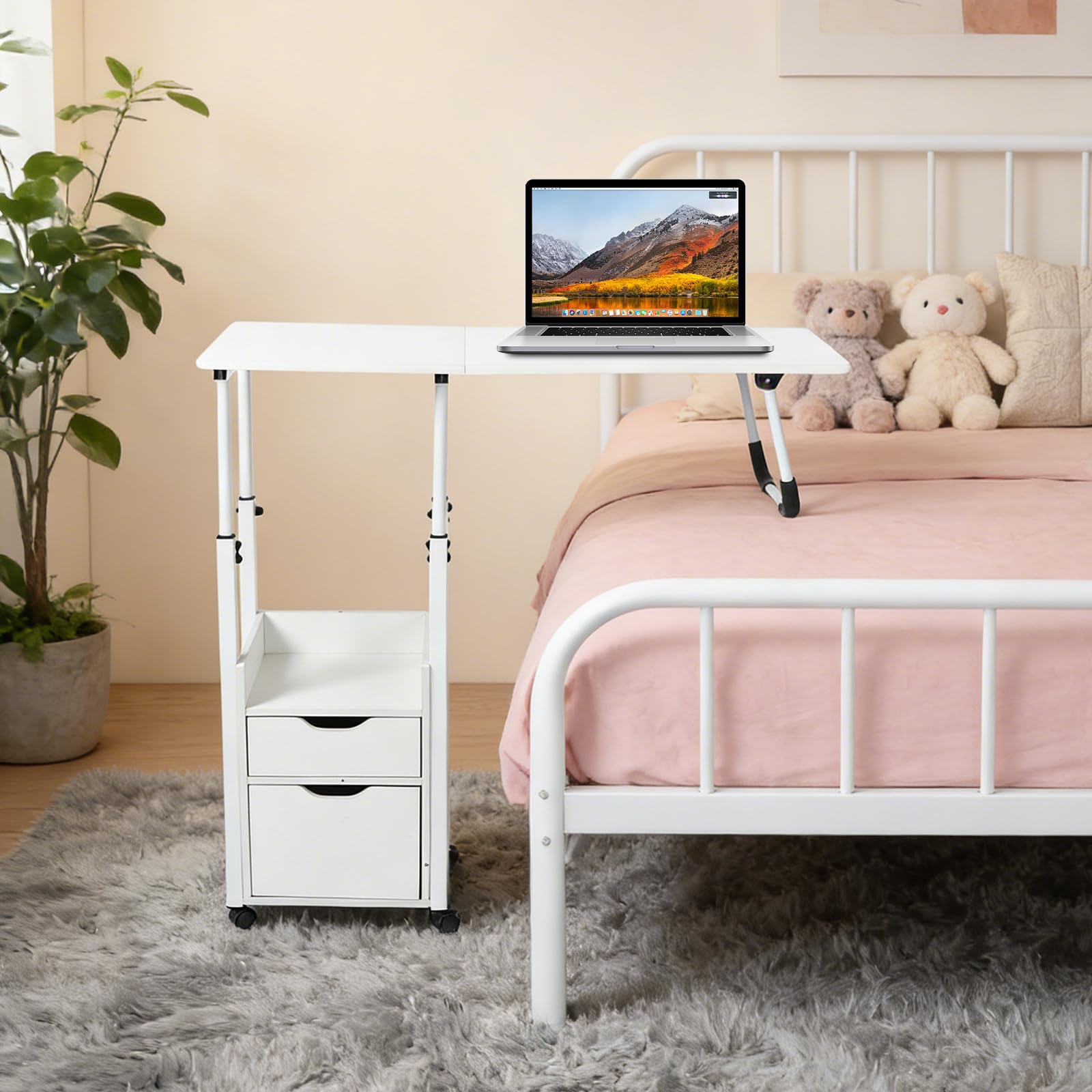 TiryyDrela Tavolo da Letto Pieghevole Regolabile con Ruote Bianco
