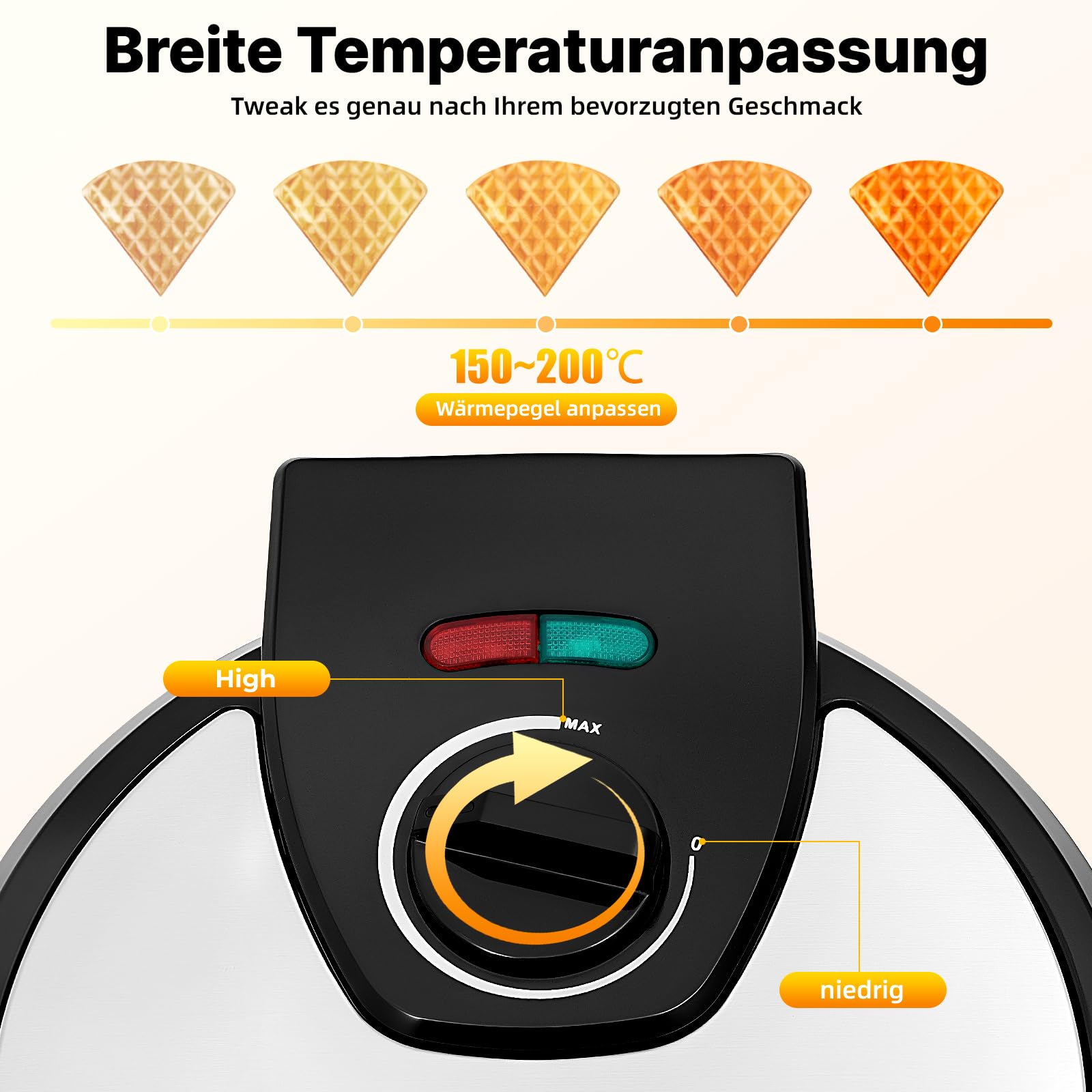 TiryyDrela piastra per waffle e coni 1200W 20 cm antiaderente