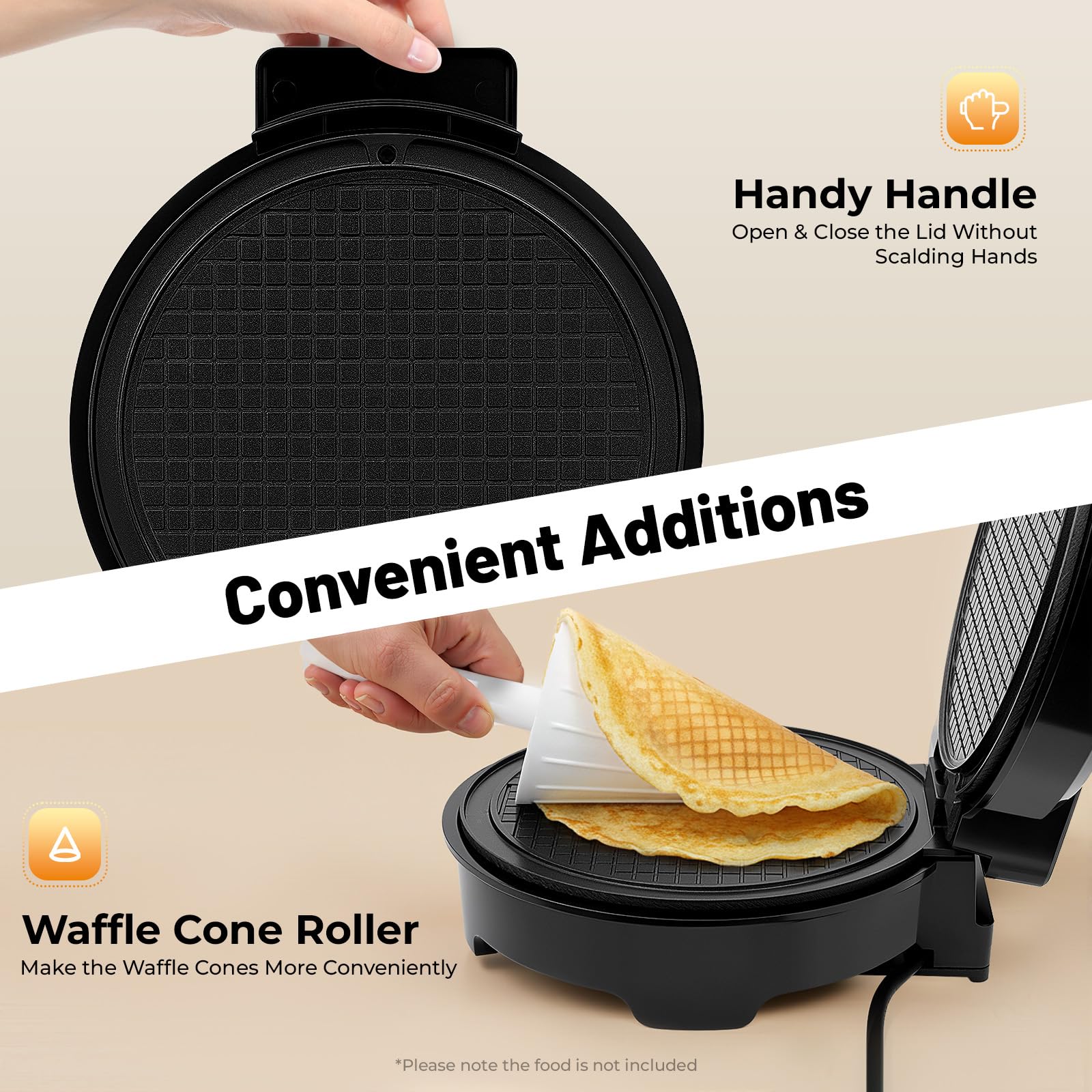 TiryyDrela piastra per waffle e coni 1200W 20 cm antiaderente