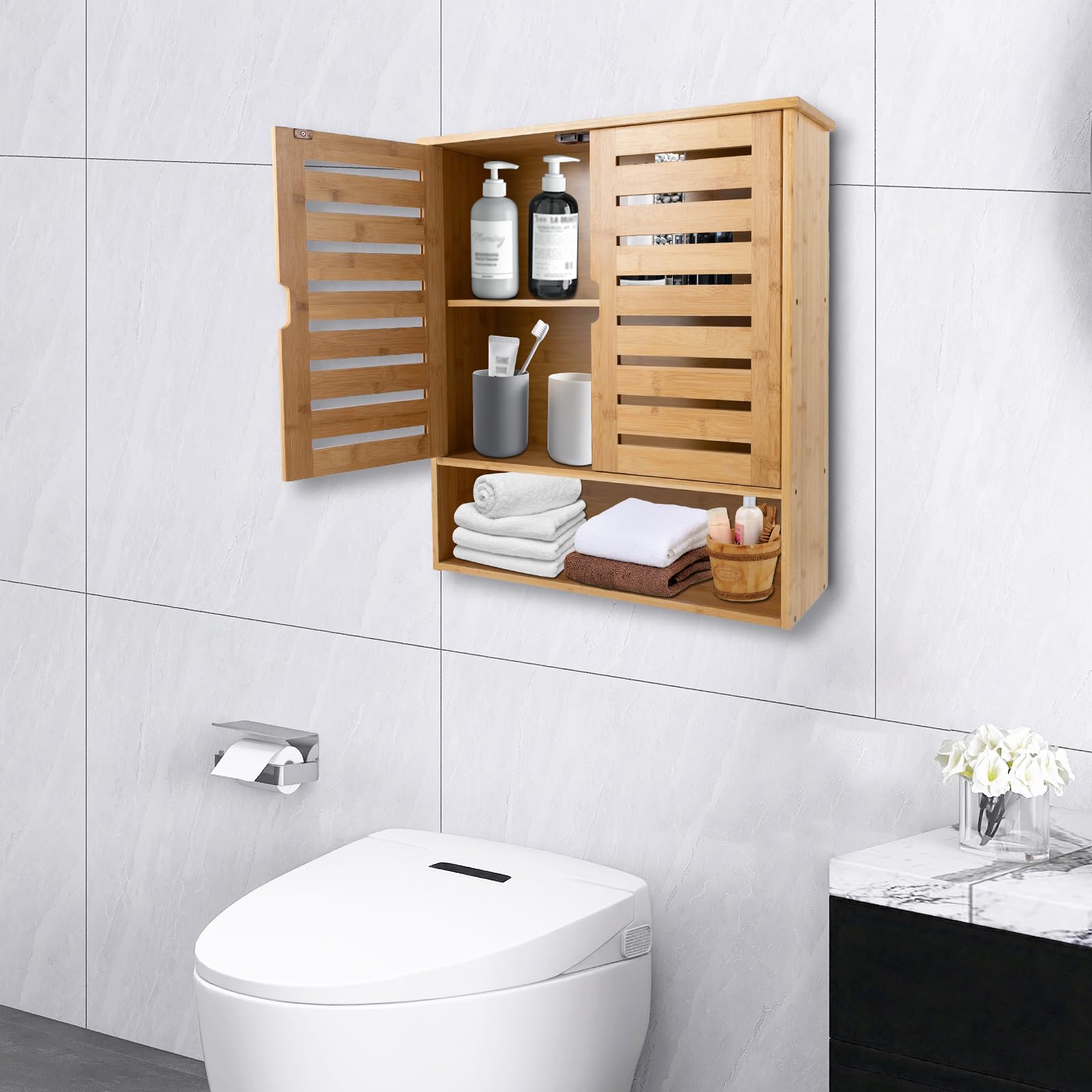 TiryyDrela Mobile Bagno in Bambù 3 Livelli con Ante Naturale