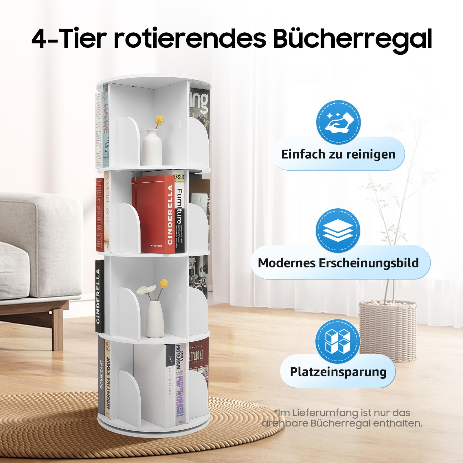 TiryyDrela libreria girevole 360 bianca 4 piani 39,5 cm