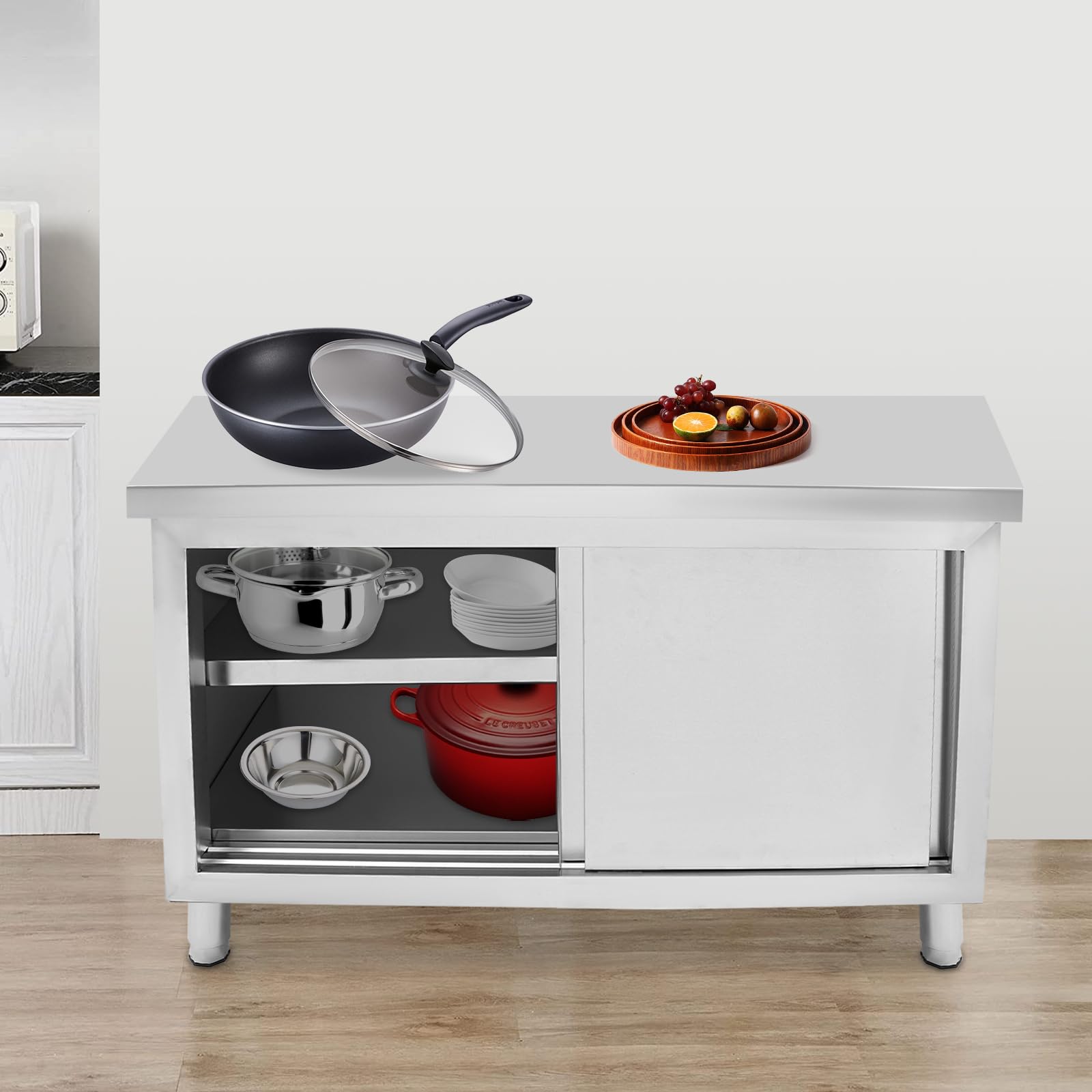 TiryyDrela Tavolo Lavoro Inox 120 cm con Ante Scorrevoli