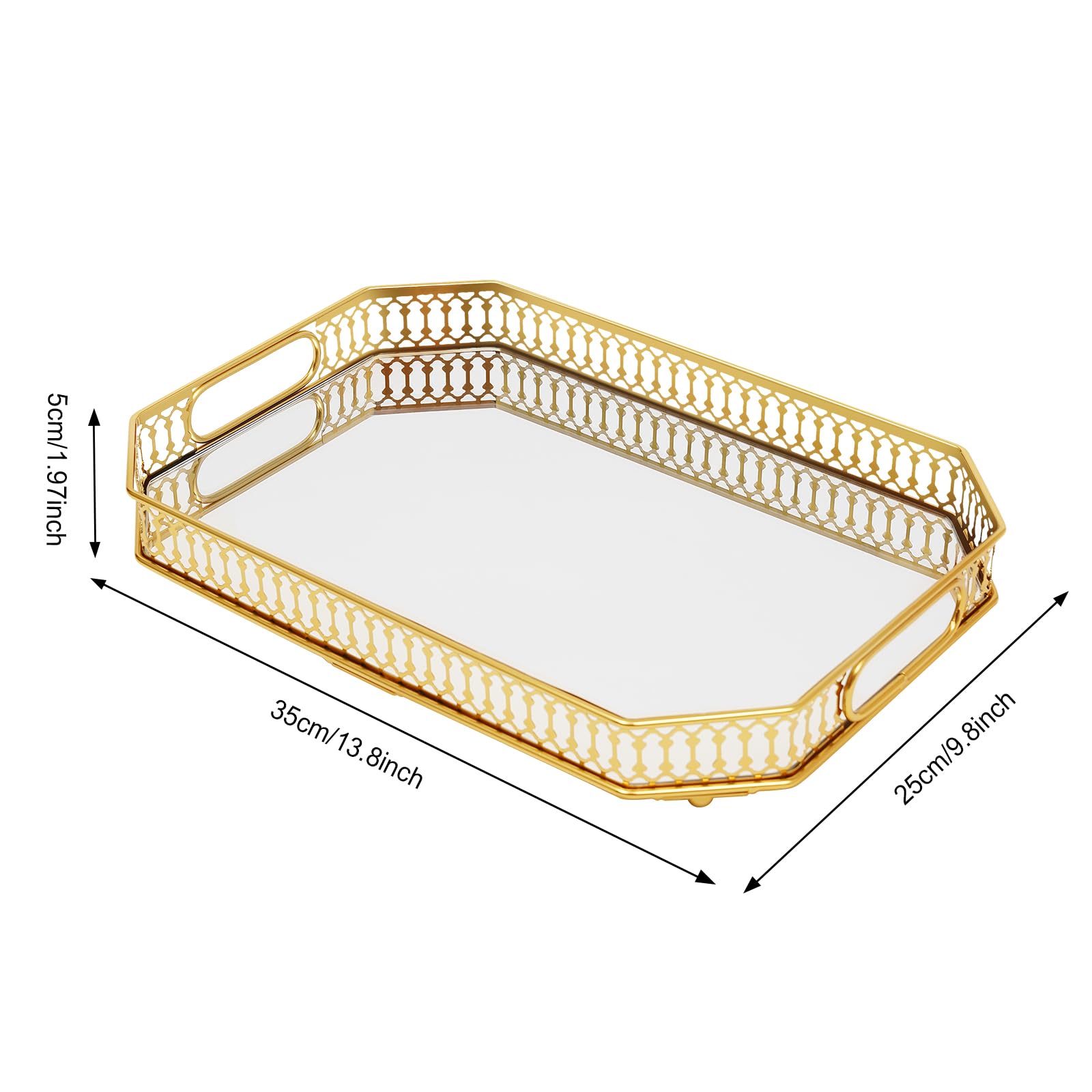 TiryyDrela Vassoio Rettangolare Dorato 35x25 cm Metallo Vetro