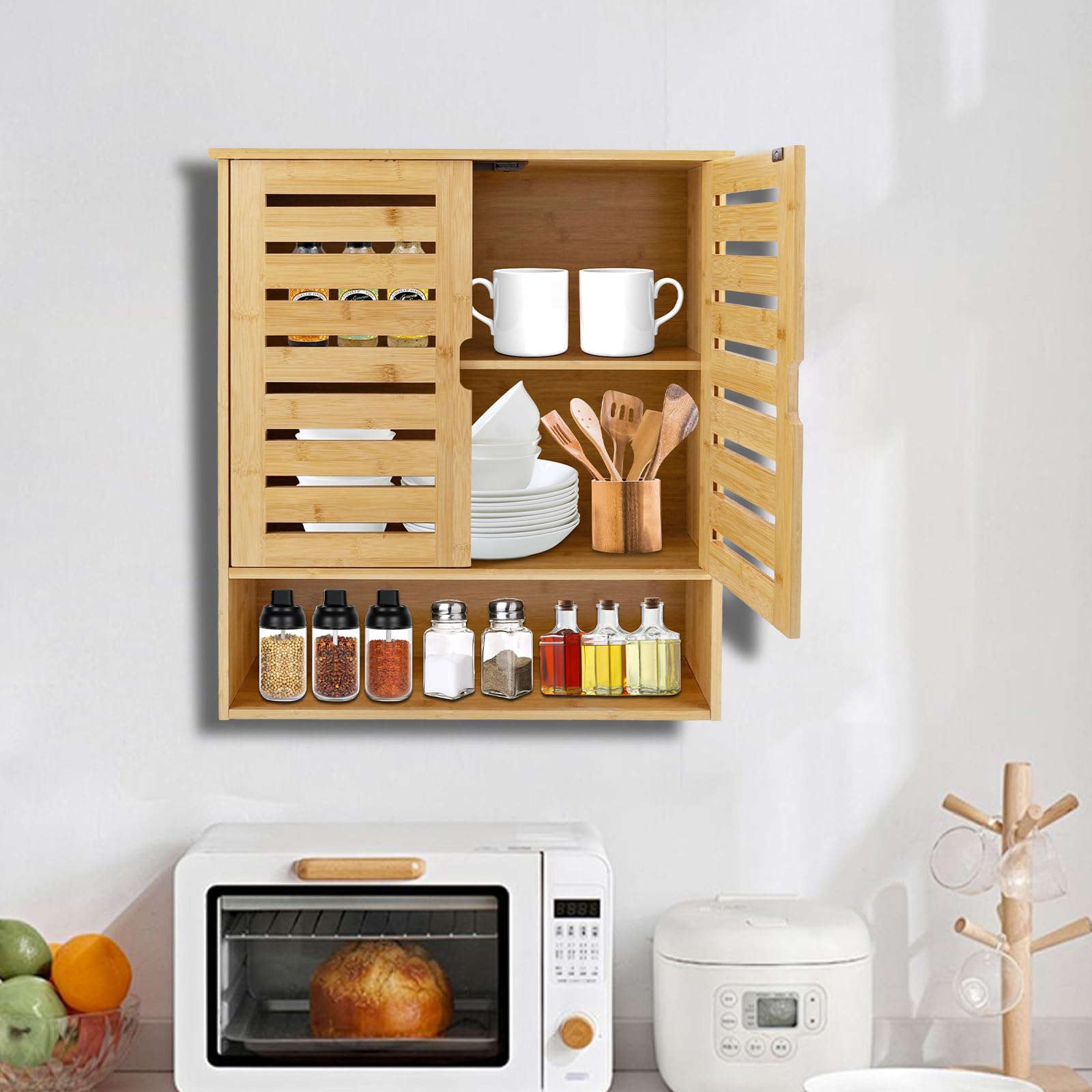 TiryyDrela Mobile Bagno in Bambù 3 Livelli con Ante Naturale