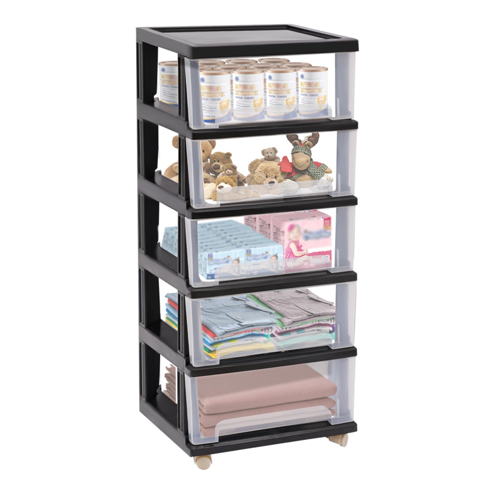 TiryyDrela Torre 5 Cassetti PP Nero 40x33x98 cm con Ruote