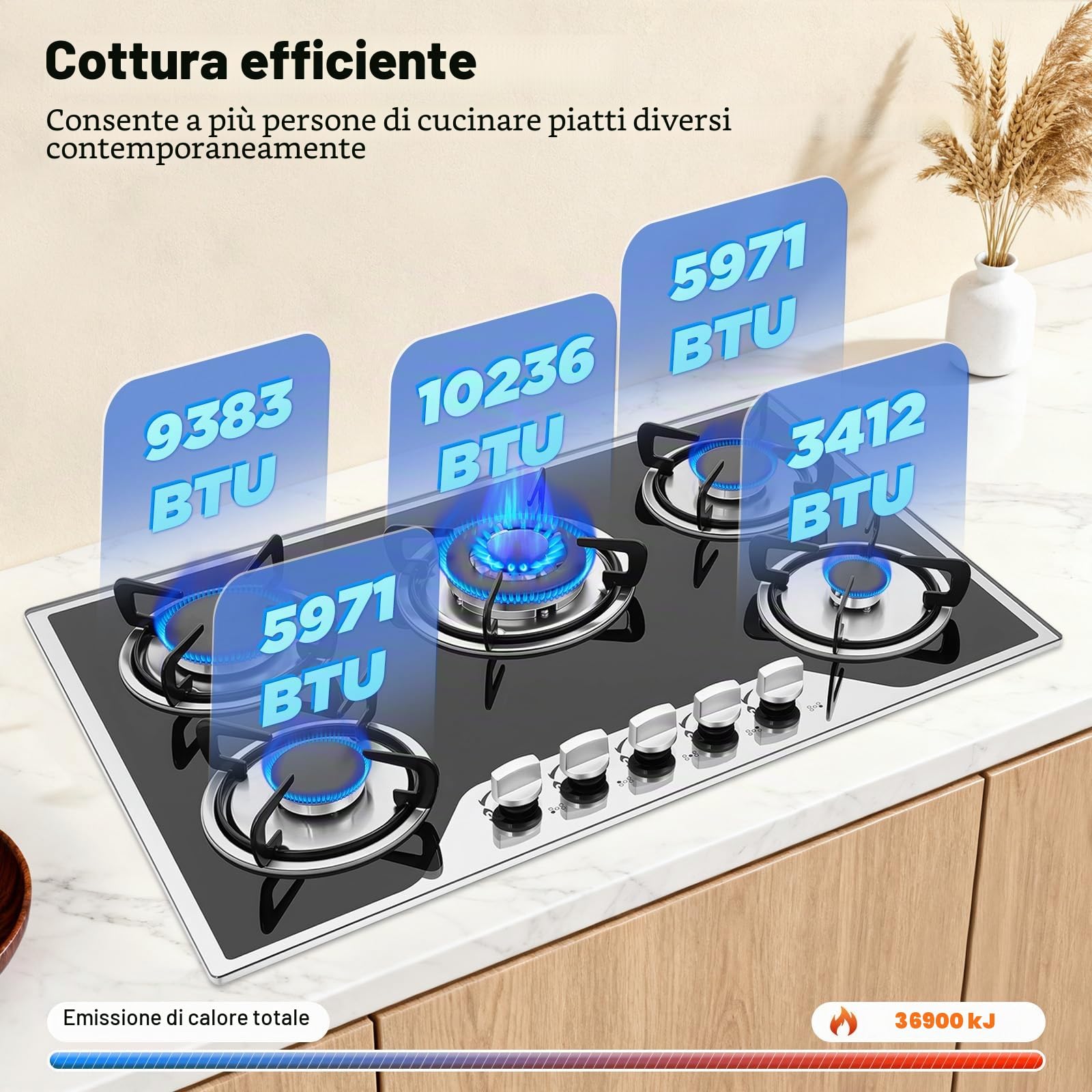 TiryyDrela Piano Cottura Gas 5 Fuochi Vetro 77 cm