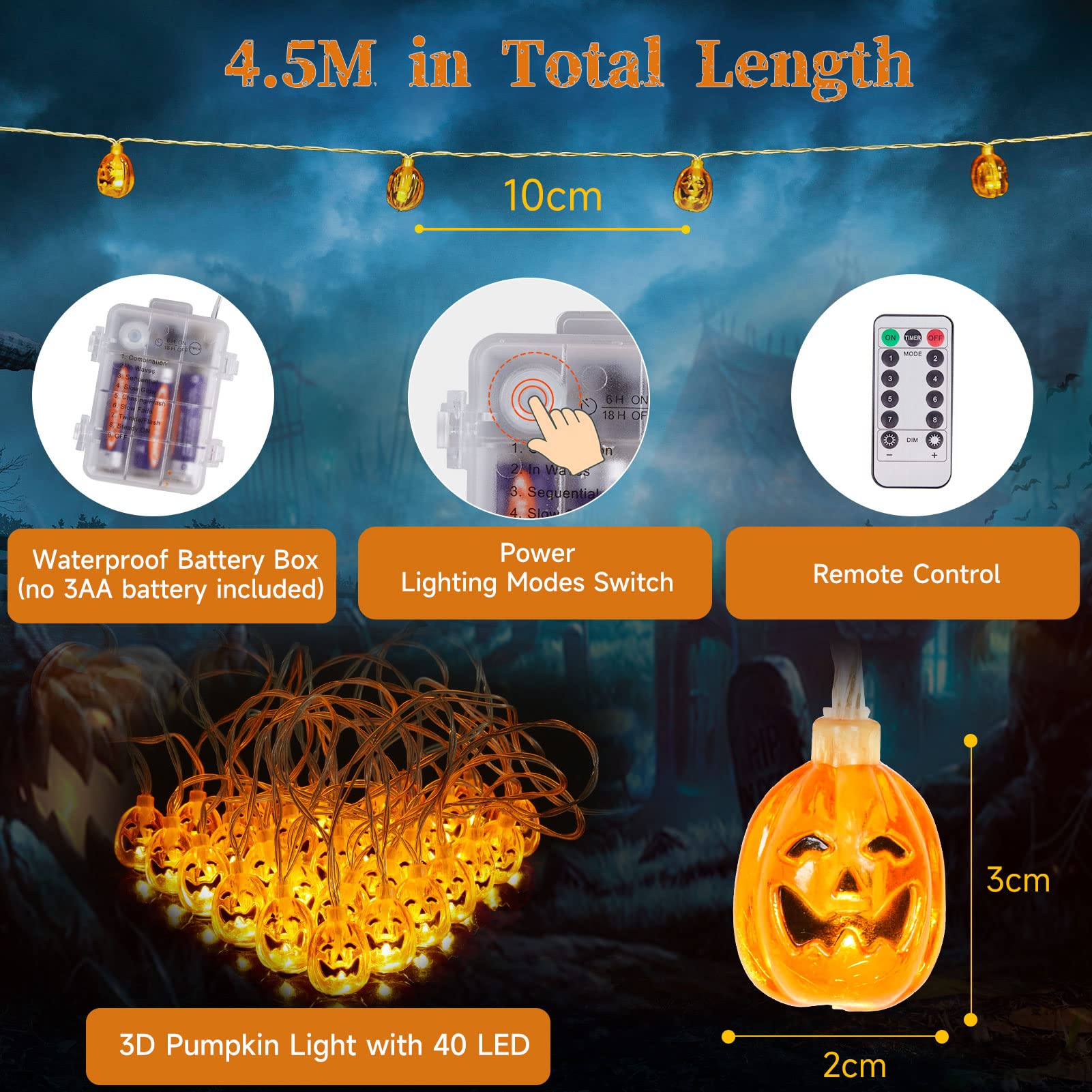 WOWDSGN catena luminosa zucca Halloween 4,5m 40 LED