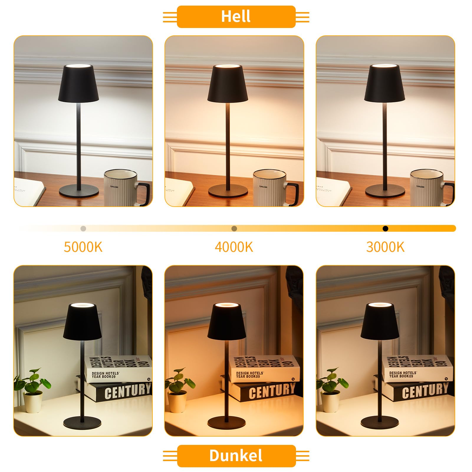 WOWDSGN lampada da tavolo senza fili nera LED ricaricabile
