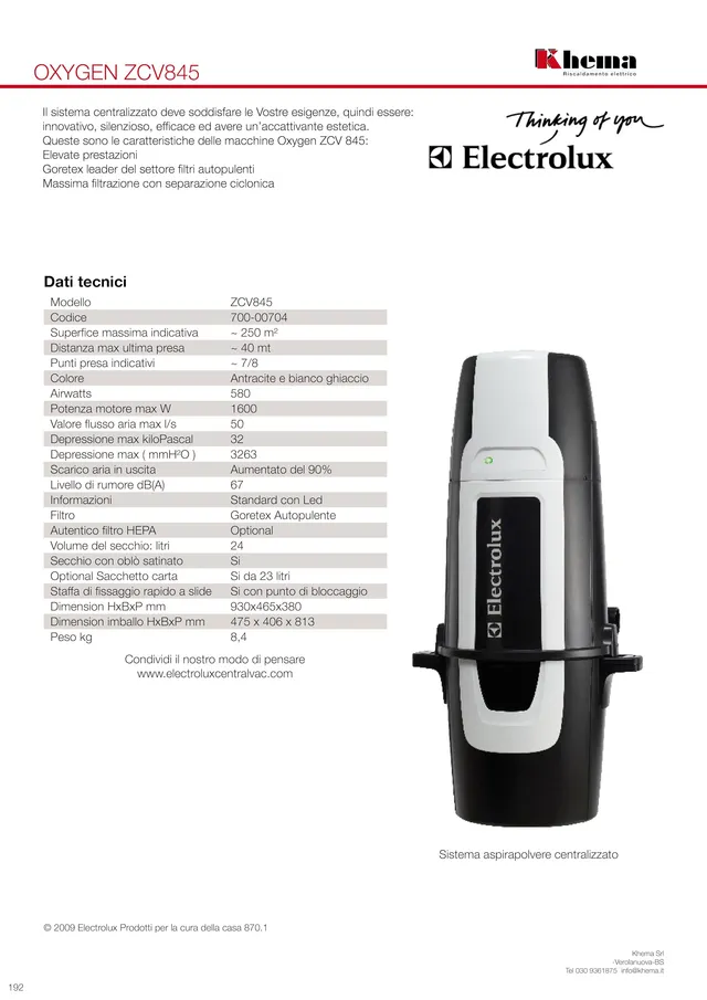 Electrolux ZCV870 centrale aspirapolvere 600 m² HEPA