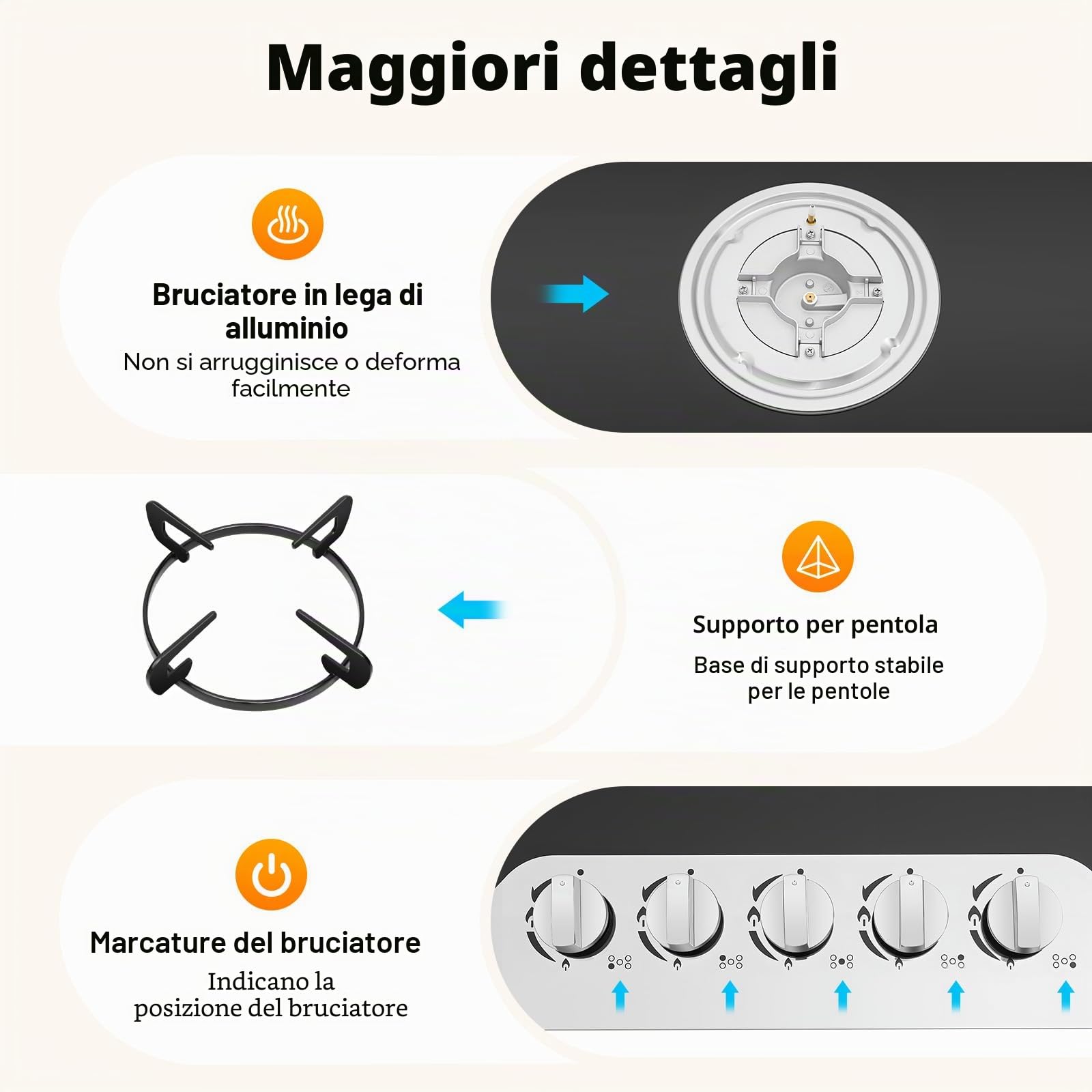 TiryyDrela Piano Cottura Gas 5 Fuochi Vetro 77 cm