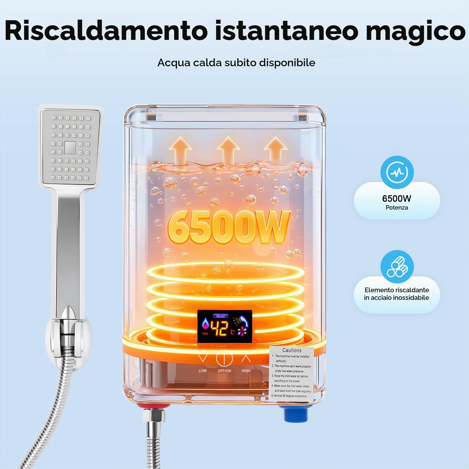 TiryyDrela Scaldacqua Istantaneo 6500W 30-55°C LED Parete