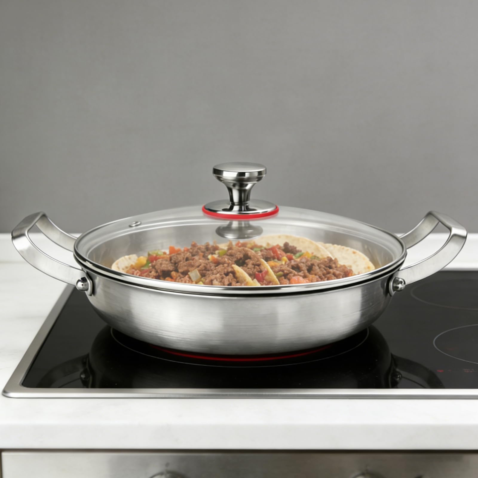 TiryyDrela padella acciaio inox 28 cm con coperchio vetro