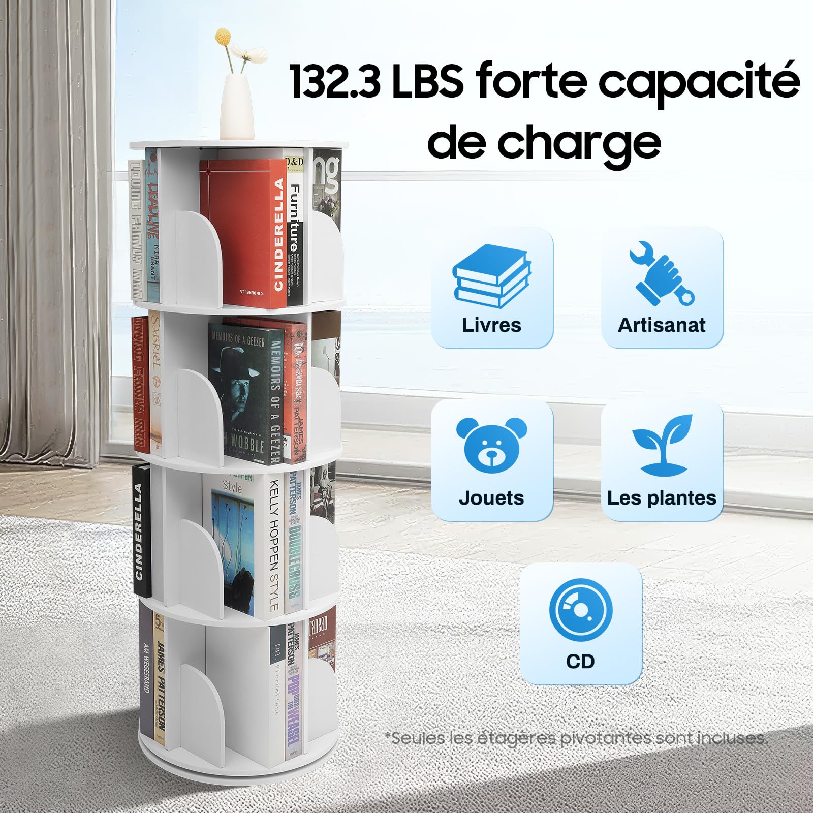 TiryyDrela Libreria Girevole 360° 4 Livelli Bianca 60 kg
