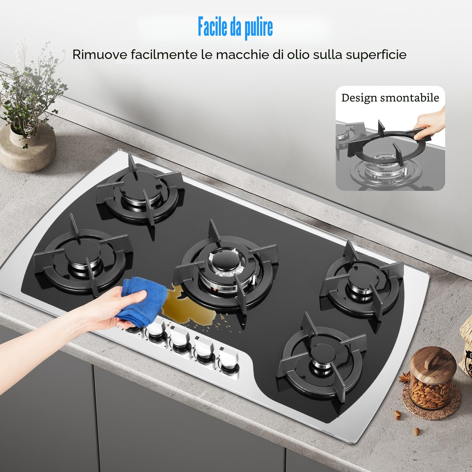 TiryyDrela Piano Cottura Gas 5 Fuochi Vetro Termocoppia