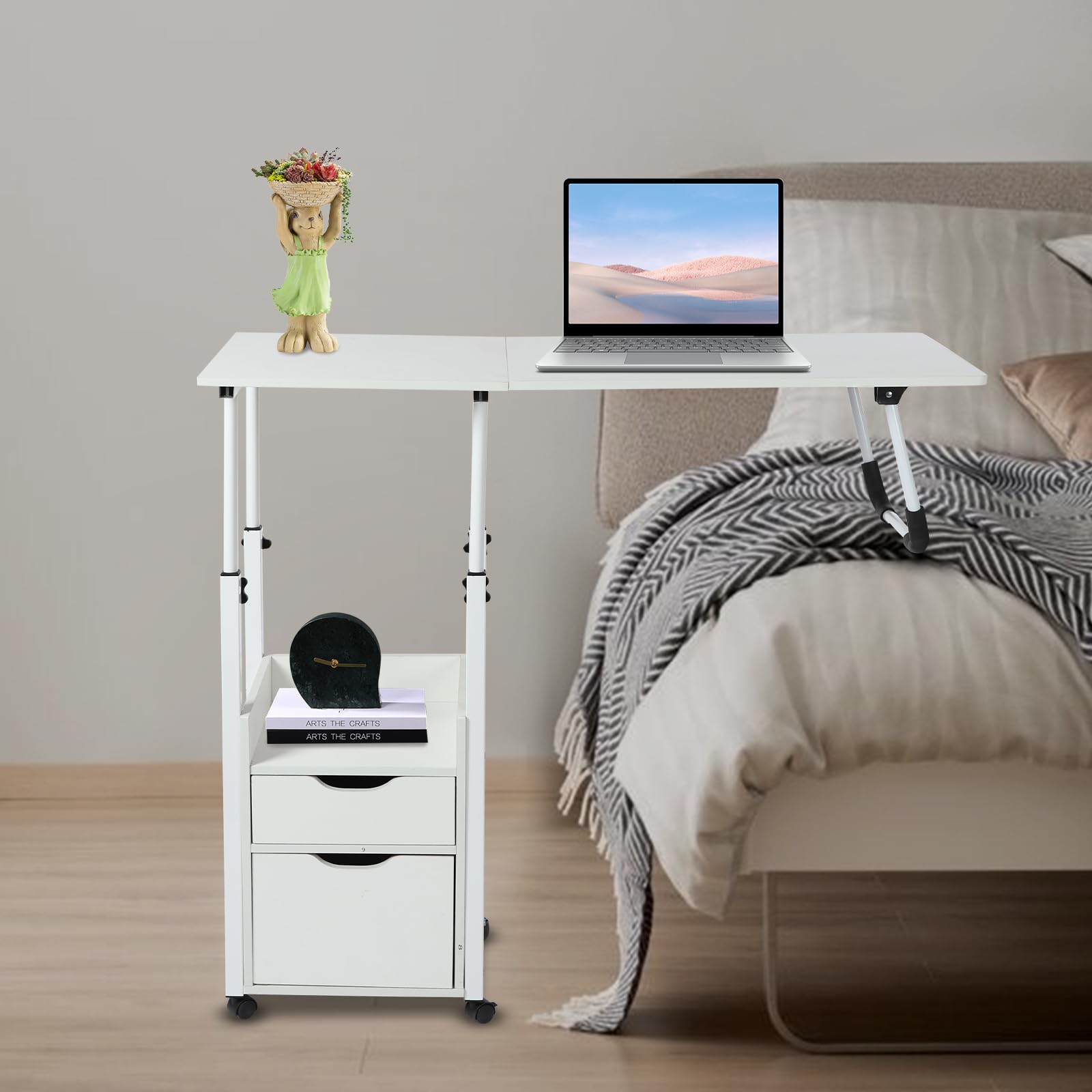 TiryyDrela Tavolo da Letto Pieghevole Regolabile con Ruote Bianco