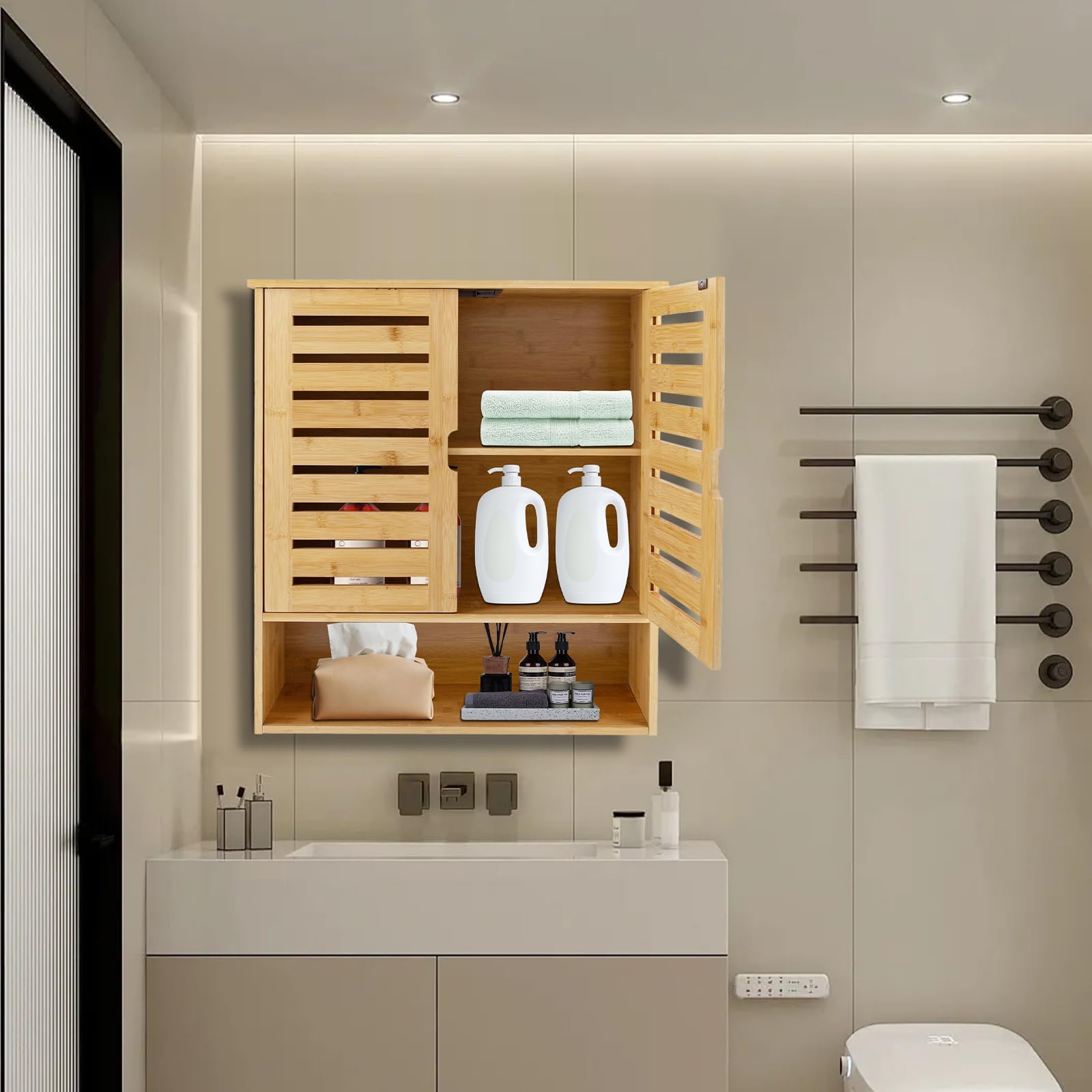 TiryyDrela Mobile Bagno in Bambù 3 Livelli con Ante Naturale