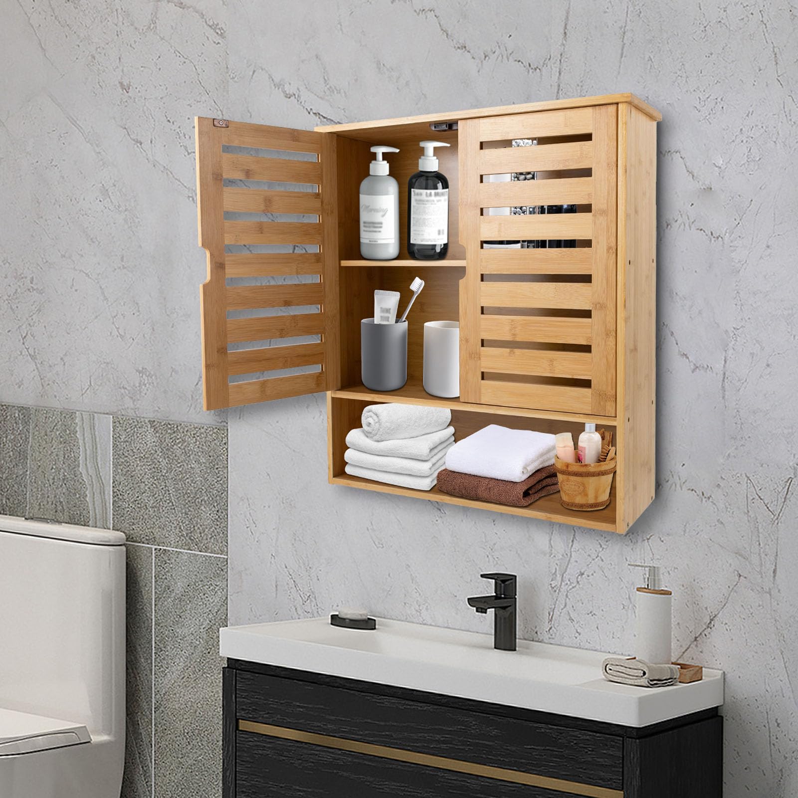 TiryyDrela Mobile Bagno in Bambù 3 Livelli con Ante Naturale
