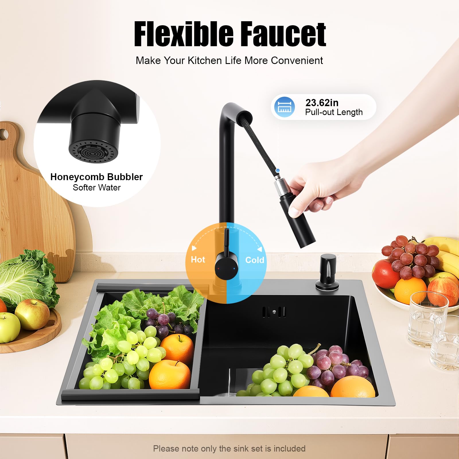 TiryyDrela Lavello Cucina 60 cm Nero Acciaio Inox con Rubinetto