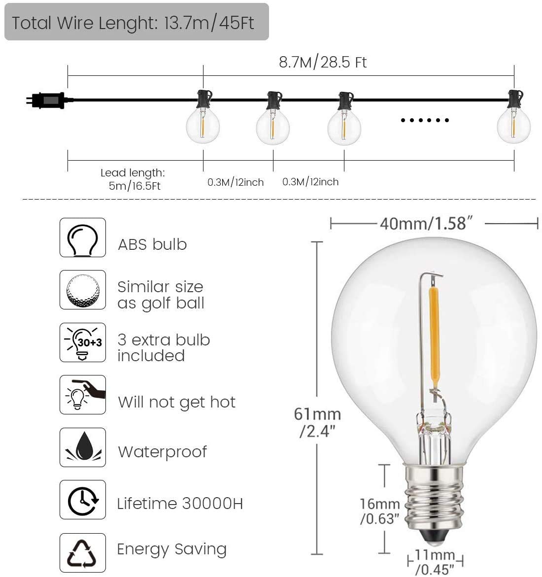 WOWDSGN G40 catena luminosa esterno 30+6 lampadine