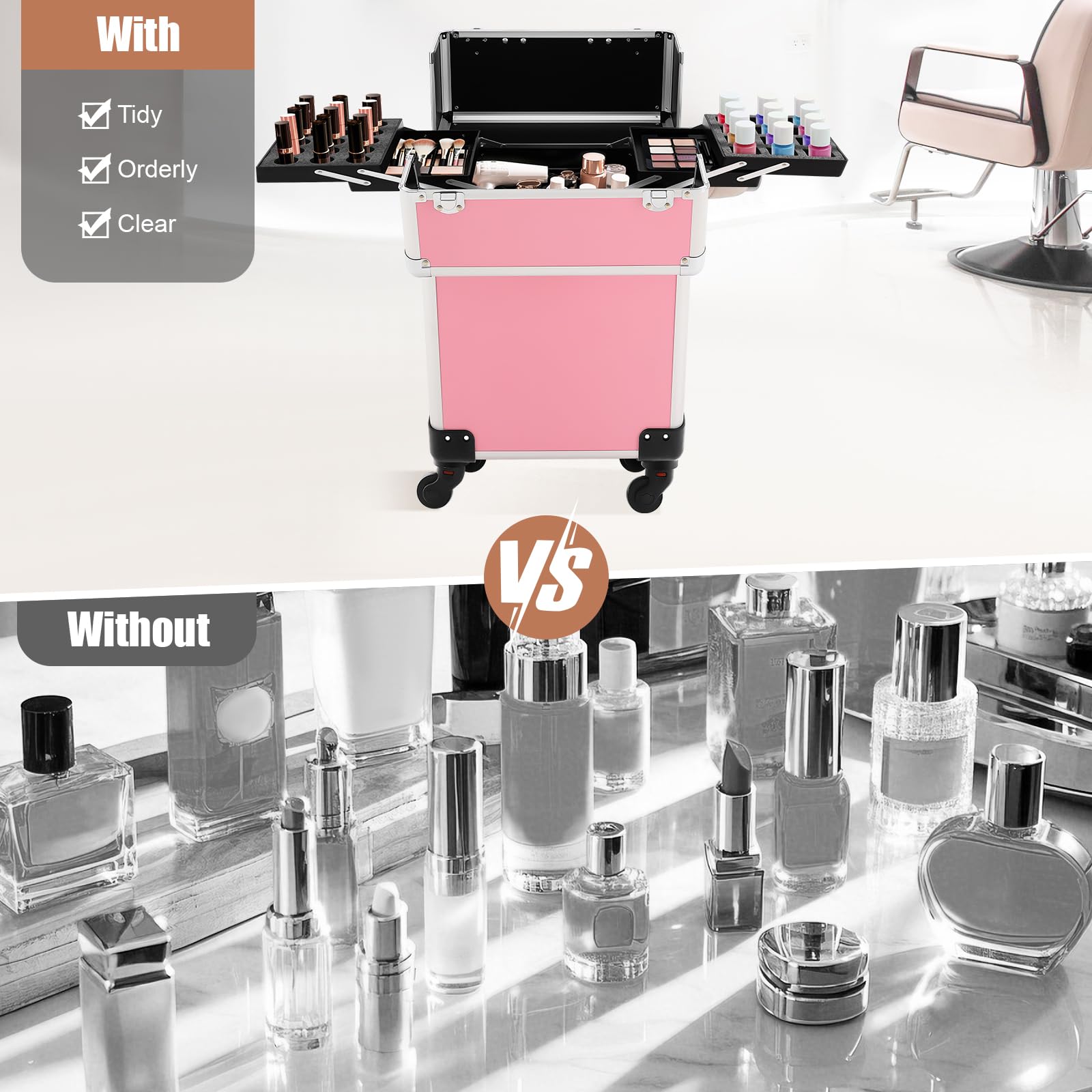 TiryyDrela Trolley trucco alluminio rosa grande capacità