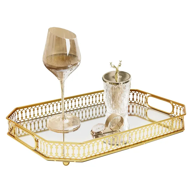 TiryyDrela Vassoio Rettangolare Dorato 35x25 cm Metallo Vetro
