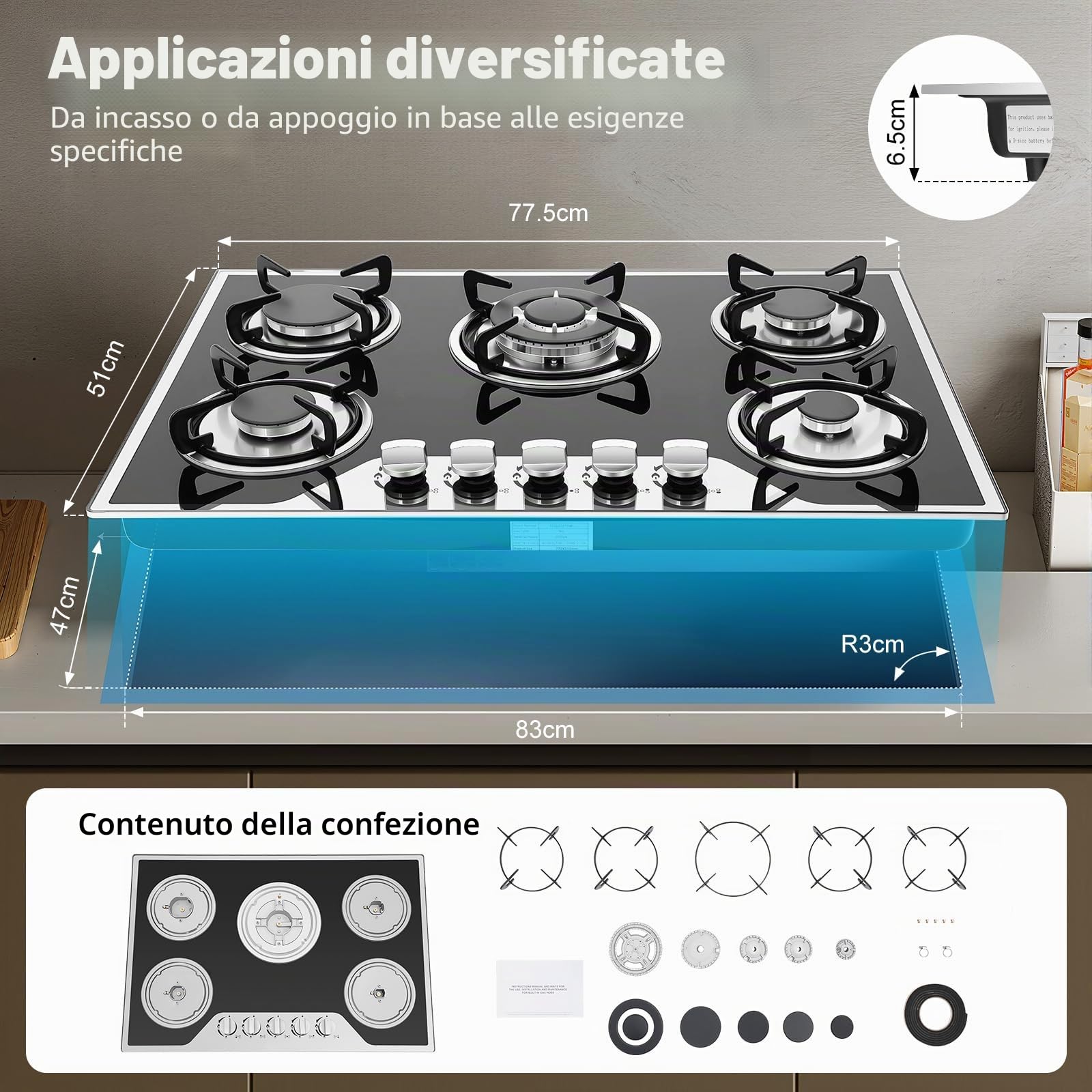 TiryyDrela Piano Cottura Gas 5 Fuochi Vetro 77 cm