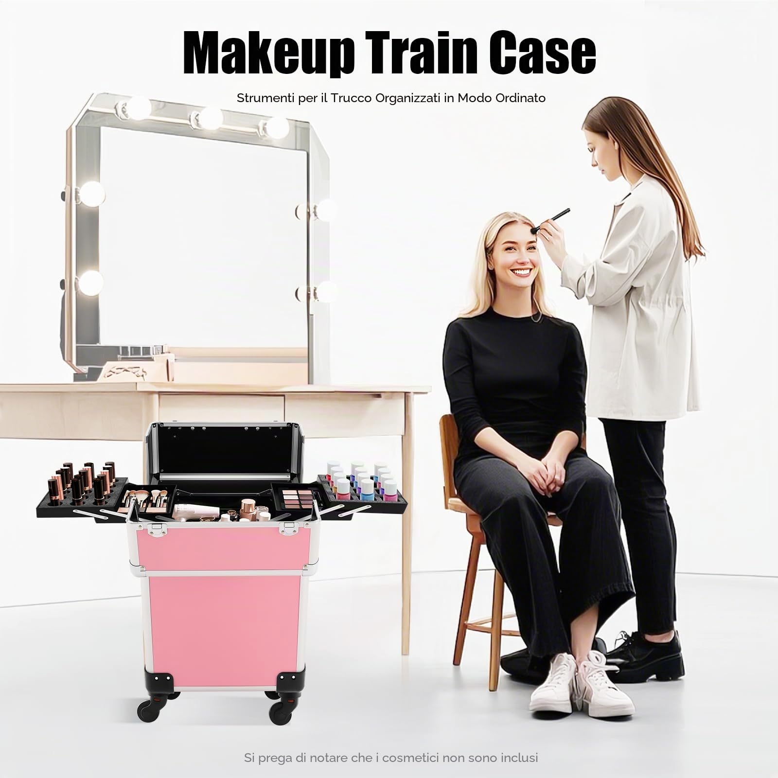 TiryyDrela Trolley trucco alluminio rosa grande capacità